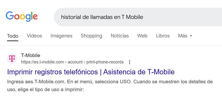 Resultados de búsqueda del historial de llamadas de T-Mobile en Google