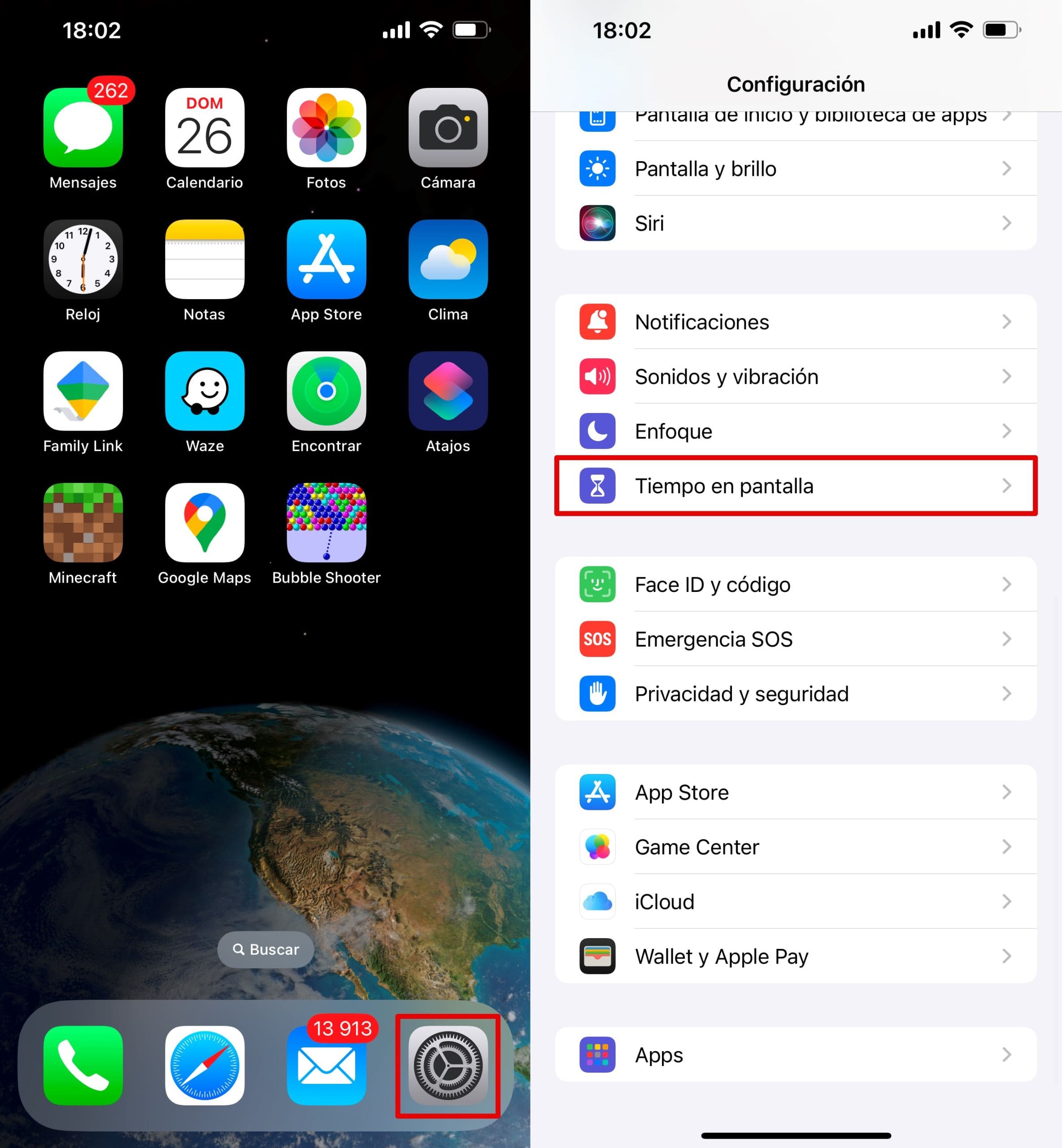 Ve a los ajustes del iPhone y toca Tiempo de pantalla