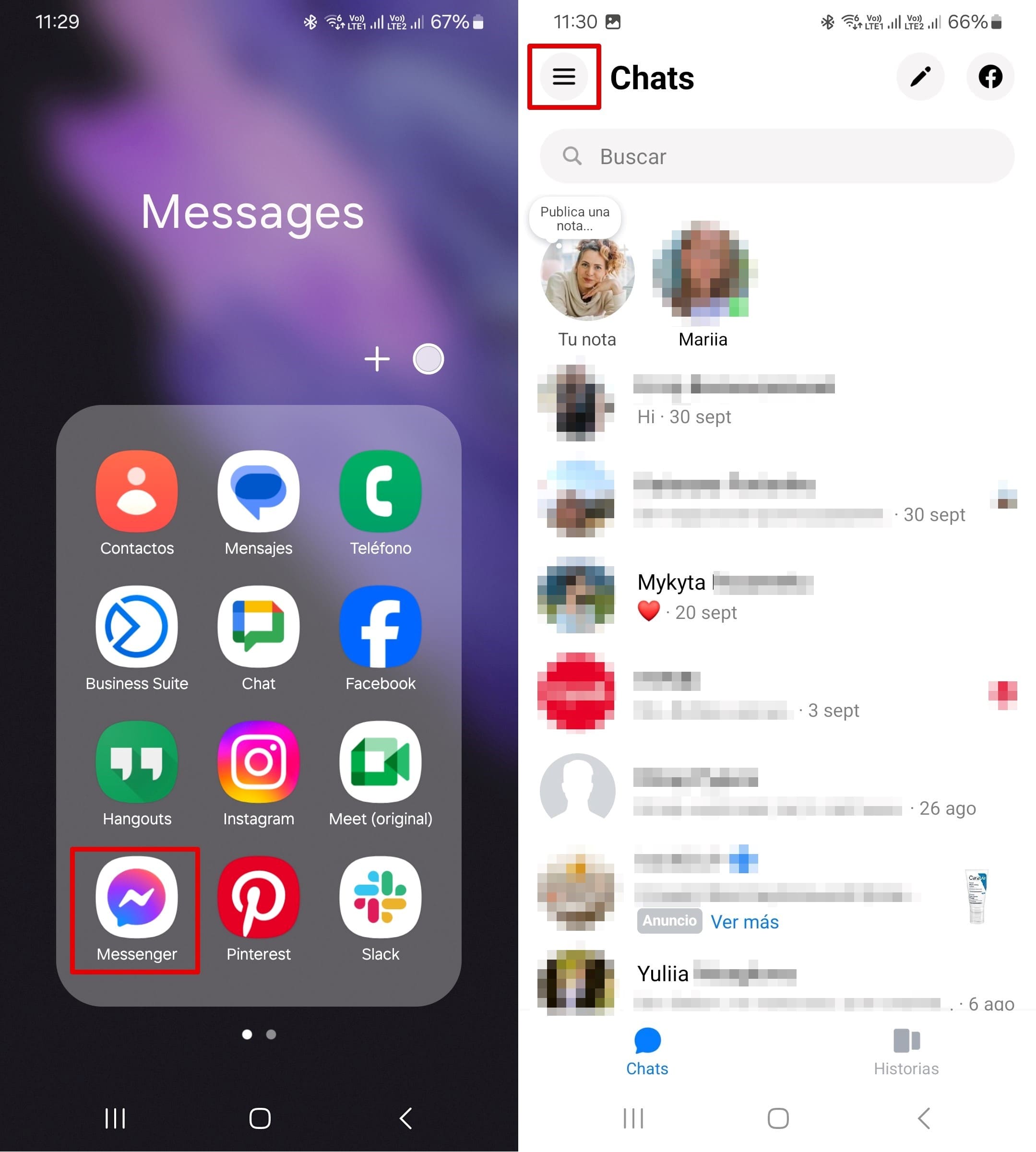Menú del teléfono con iconos de aplicaciones y página de inicio de Facebook Messenger
