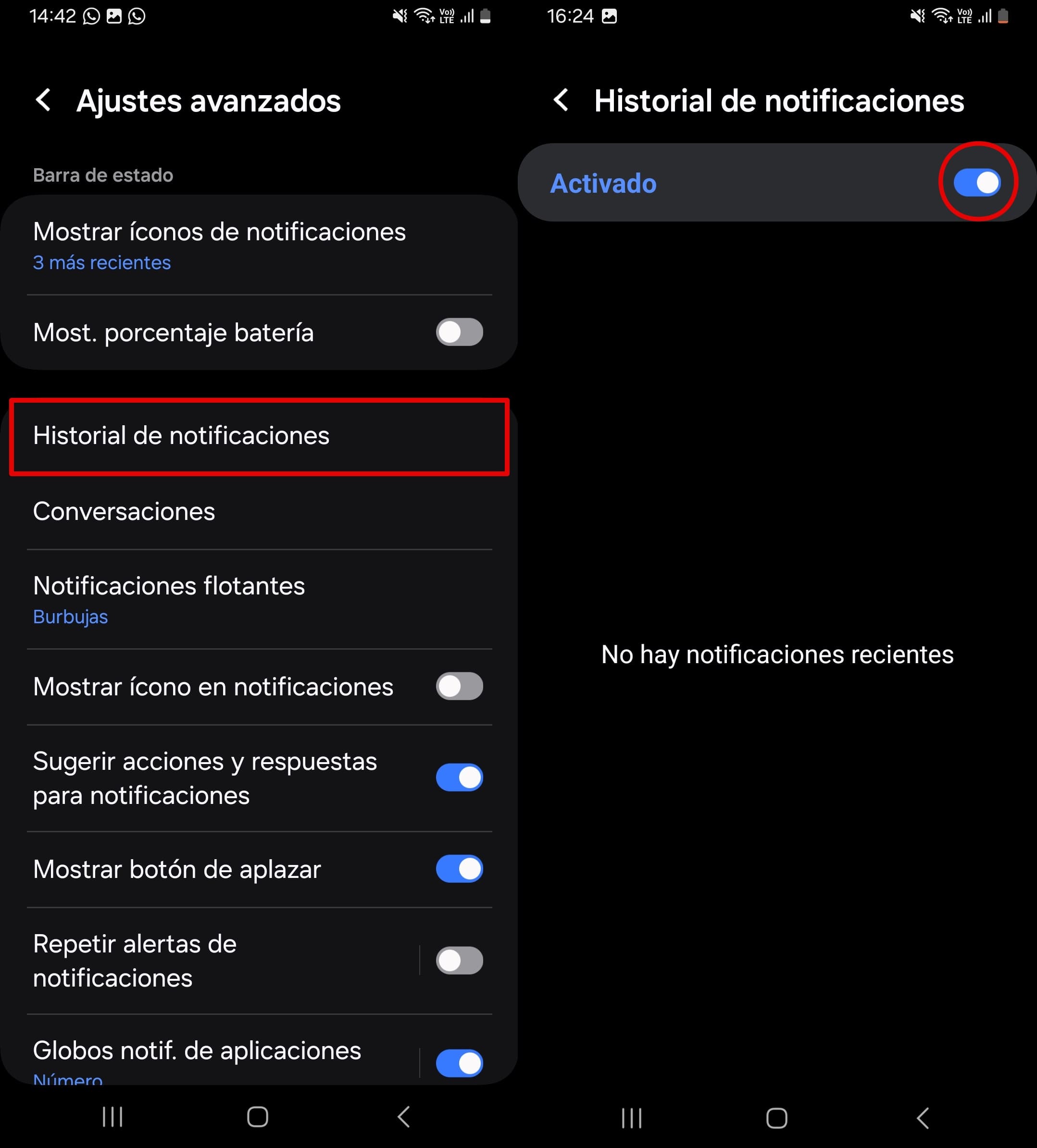 Abre ajustes - notificaciones - ajustes avanzados - historial de notificaciones y empuja el deslizador hacia la derecha para activarlo.
