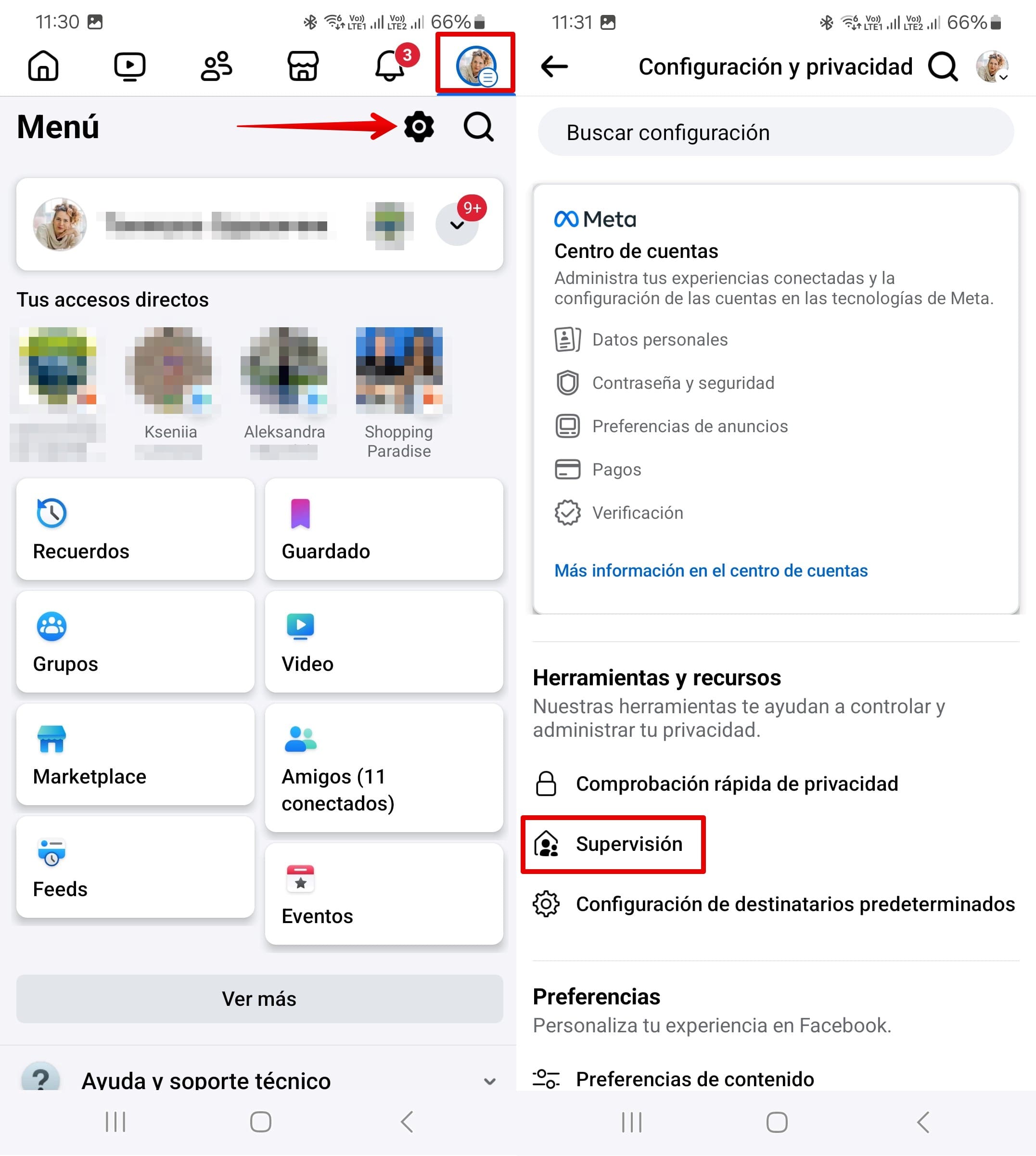 Configuración de Facebook” con la sección “Supervisión” resaltada,
