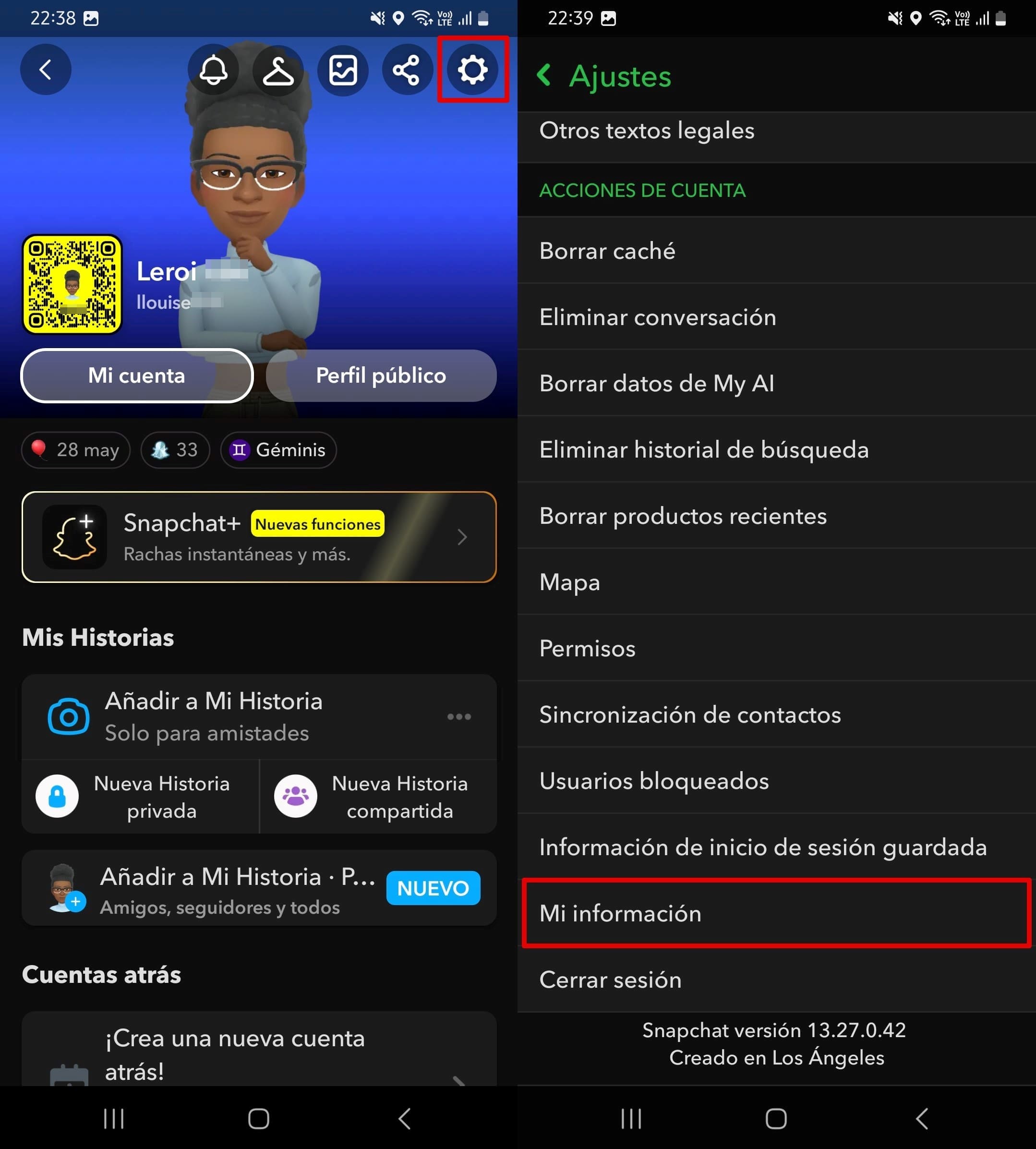 Abre los ajustes de Snapchat y desplázate hasta Mi información.