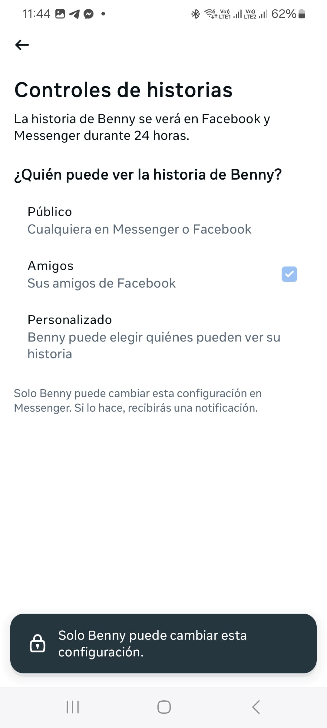Ajustes de entrega de mensajes y controles de Historias visibles en la cuenta de un niño.