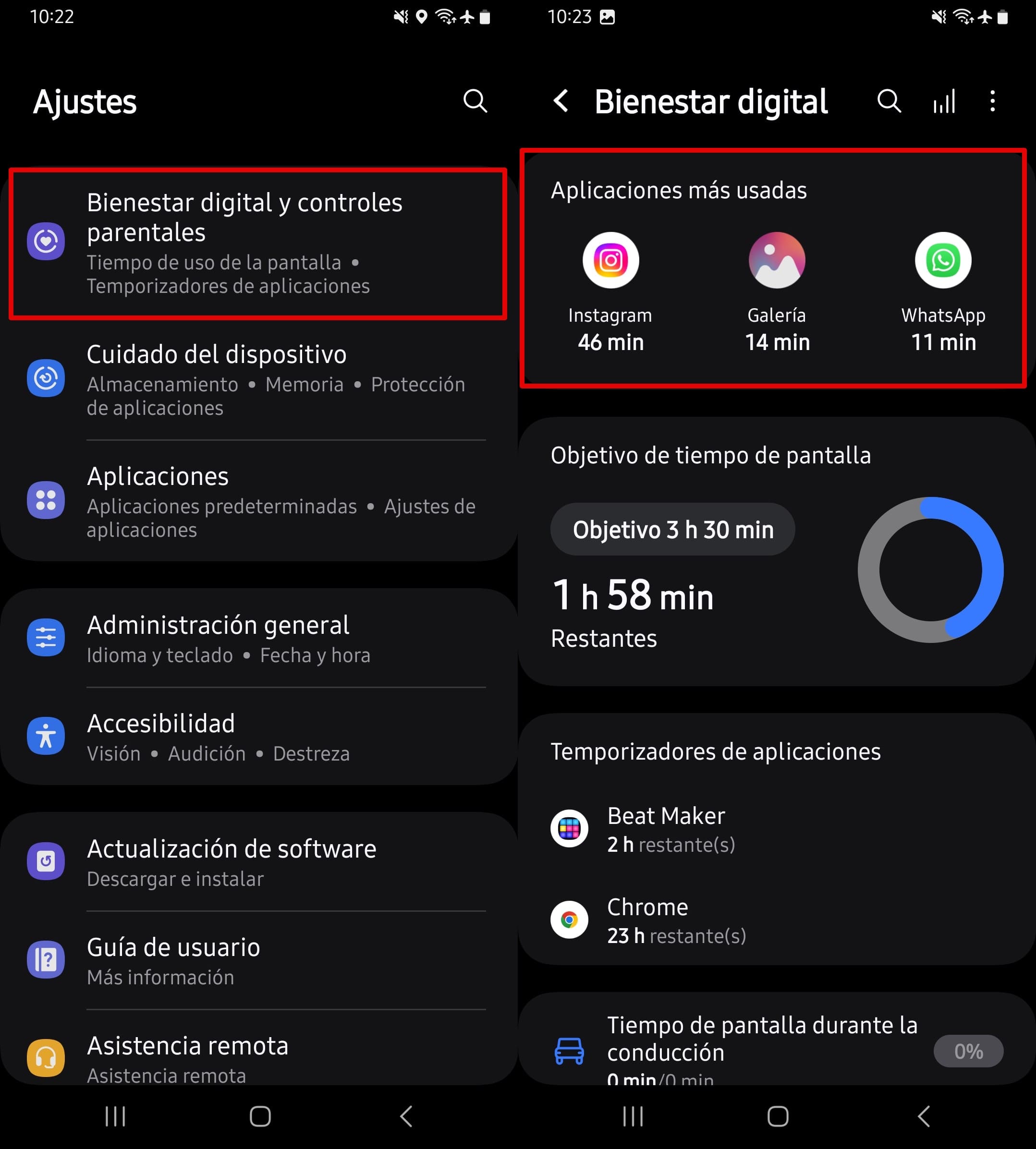 Ir al menú de bienestar digital y controles parentales - Sección de aplicaciones más usadas.