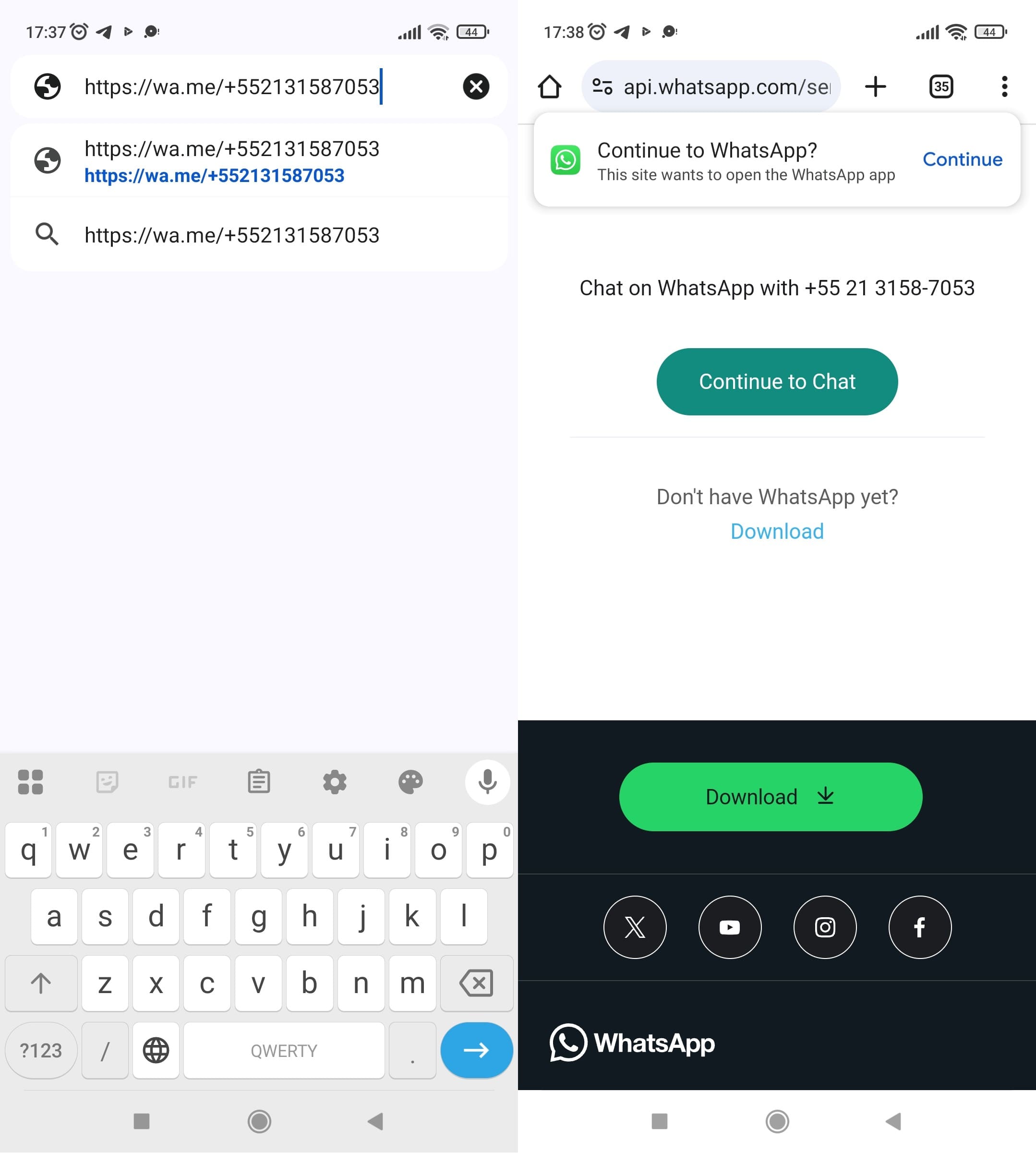 Escribe el número de teléfono en la búsqueda de Google usando https://wa.me/ y continúa el chat en WhatsApp.