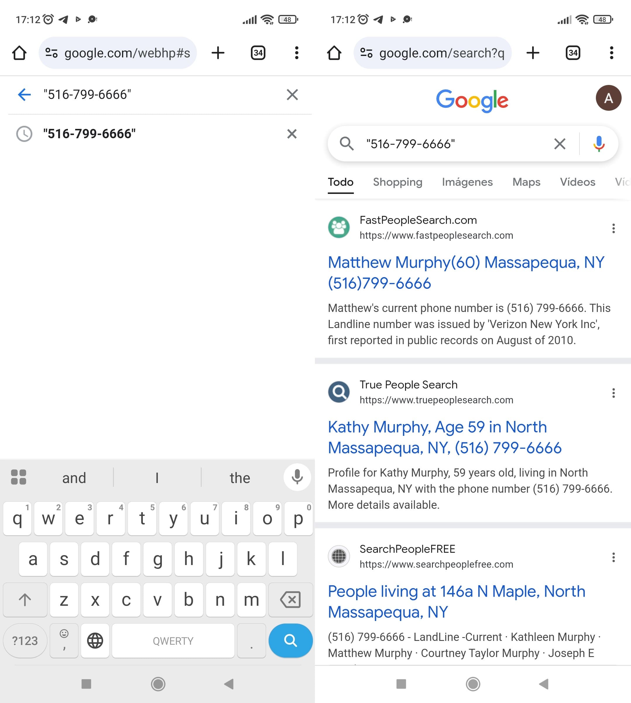 Ingresa tu número de teléfono en la búsqueda de Google y mira los resultados.