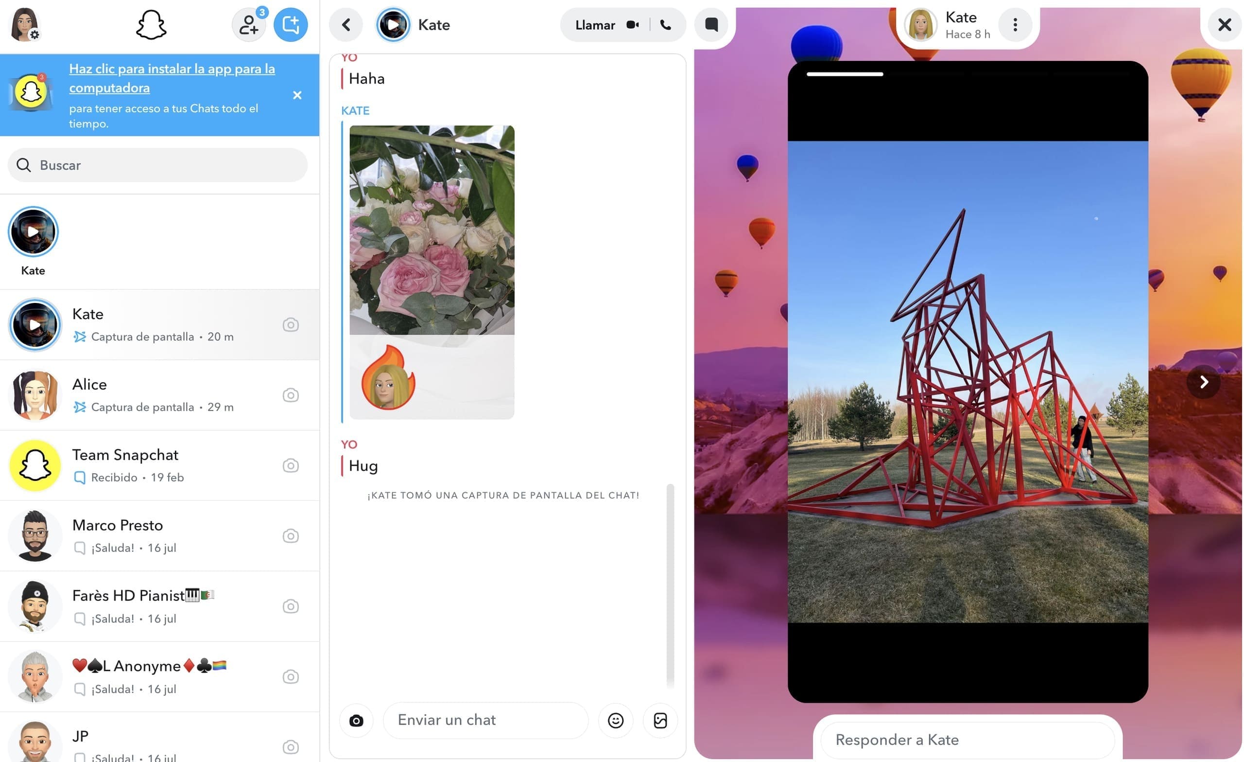 Hacer una captura de pantalla en Snapchat web usando un programa de captura de pantalla.