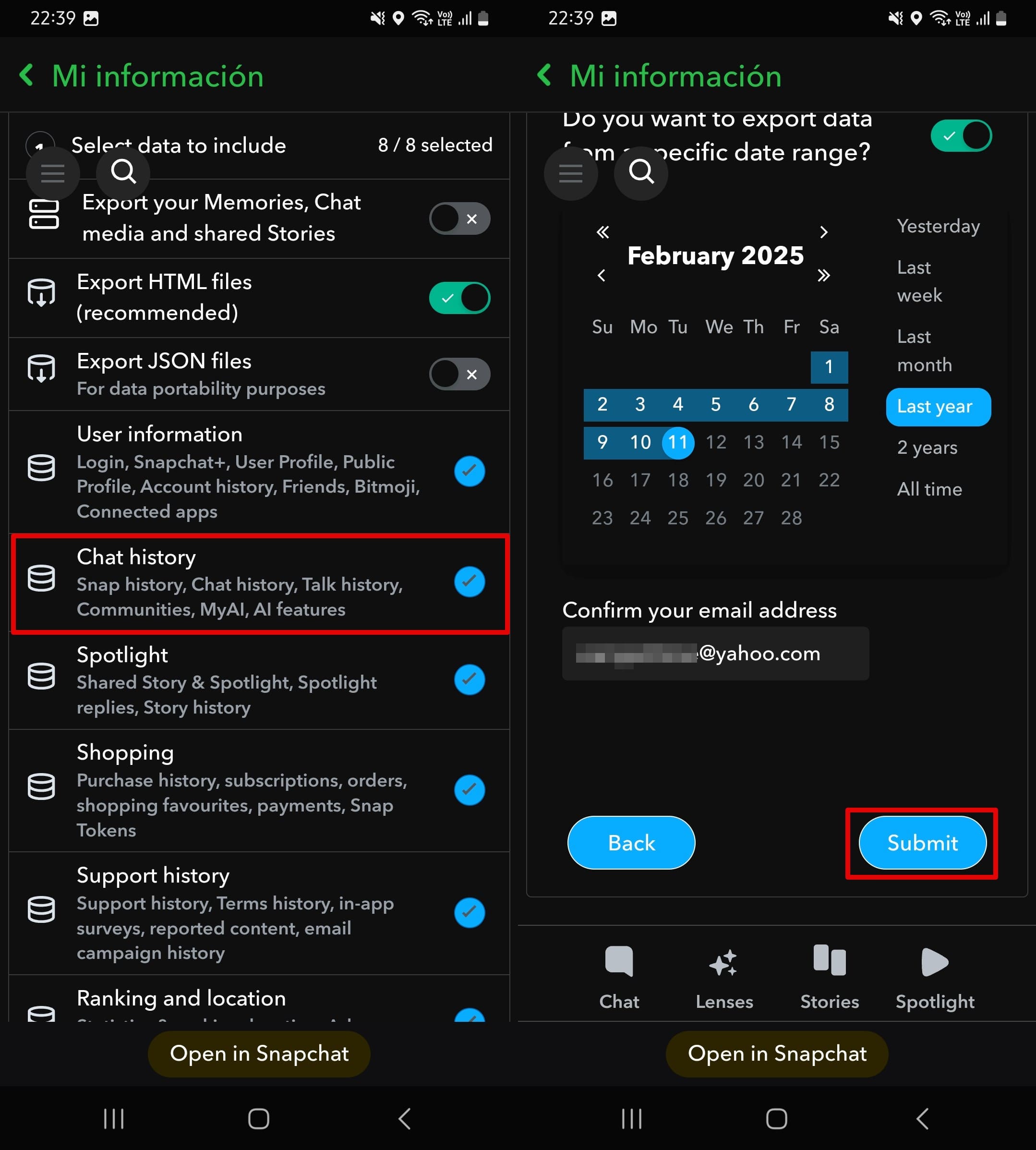 selección de información y periodo a incluir para la descarga de datos en snapchat.