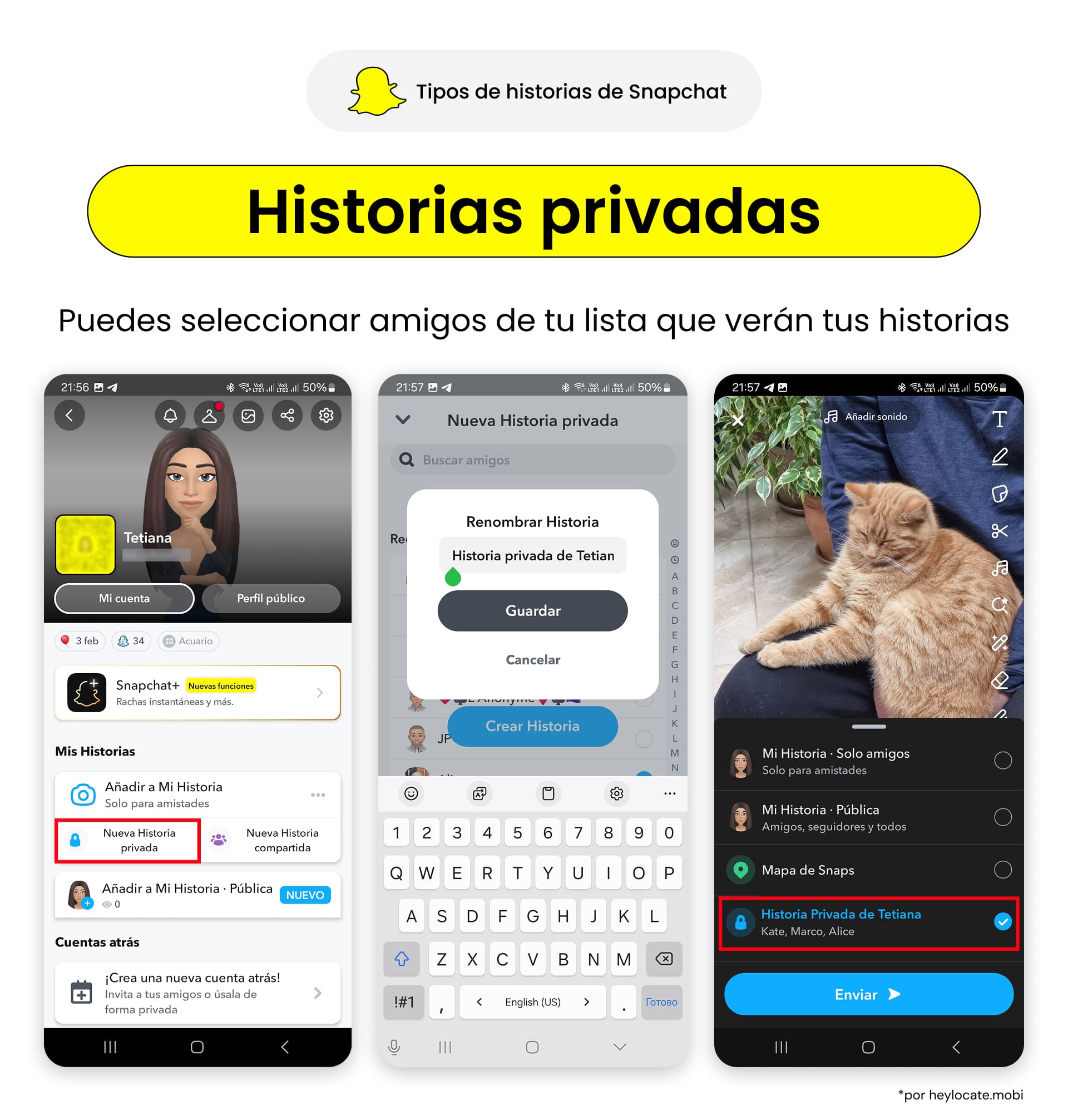 Haz clic en Nueva historia privada - selecciona amigos y un título - publica la historia a tus amigos.