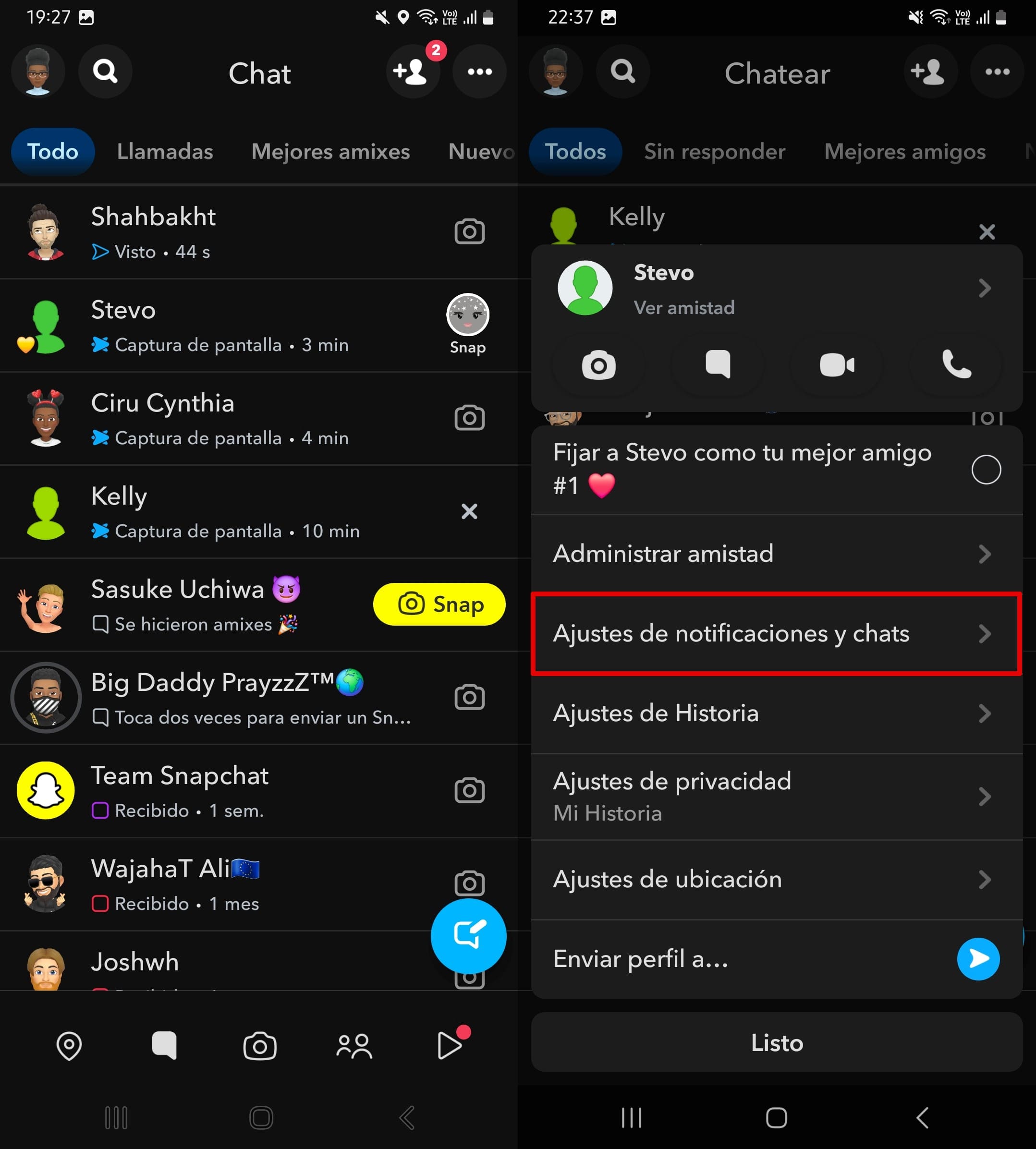 abre los chats de Snapchat - mantén pulsado un chat - elige ajustes de notificaciones y chats