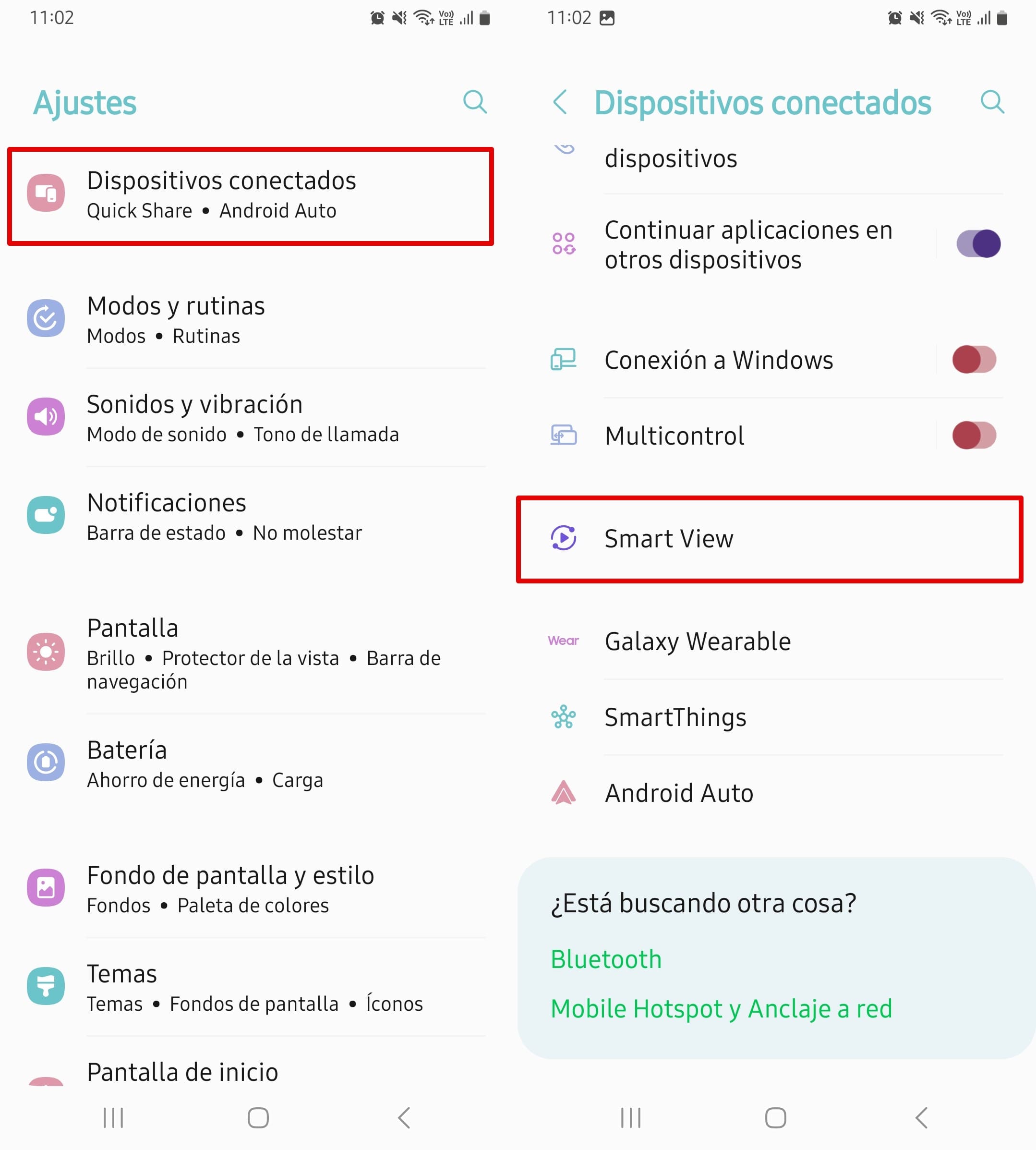 Abrir Ajustes y luego Smart View en el teléfono Samsung.