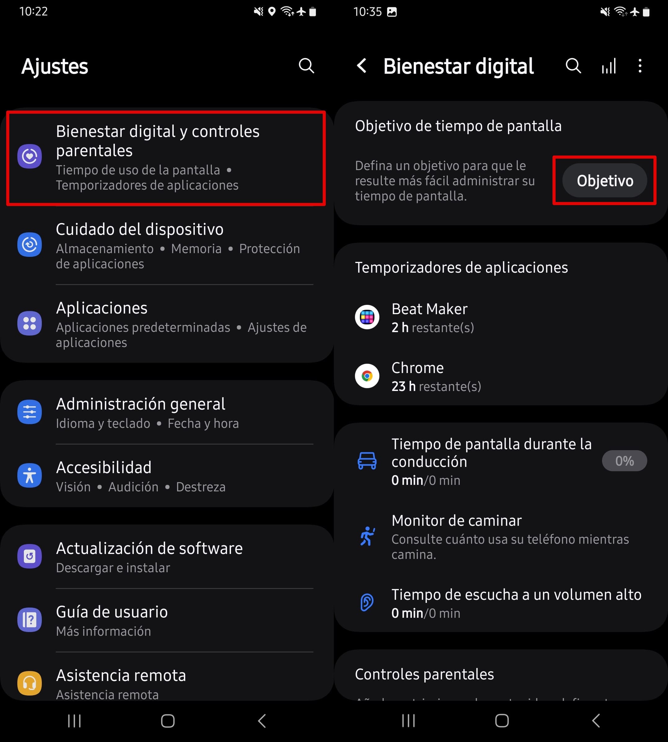 Pulsa Bienestar digital y controles parentales en Ajustes - toca objetivo en el bloque Objetivo de tiempo de pantalla.