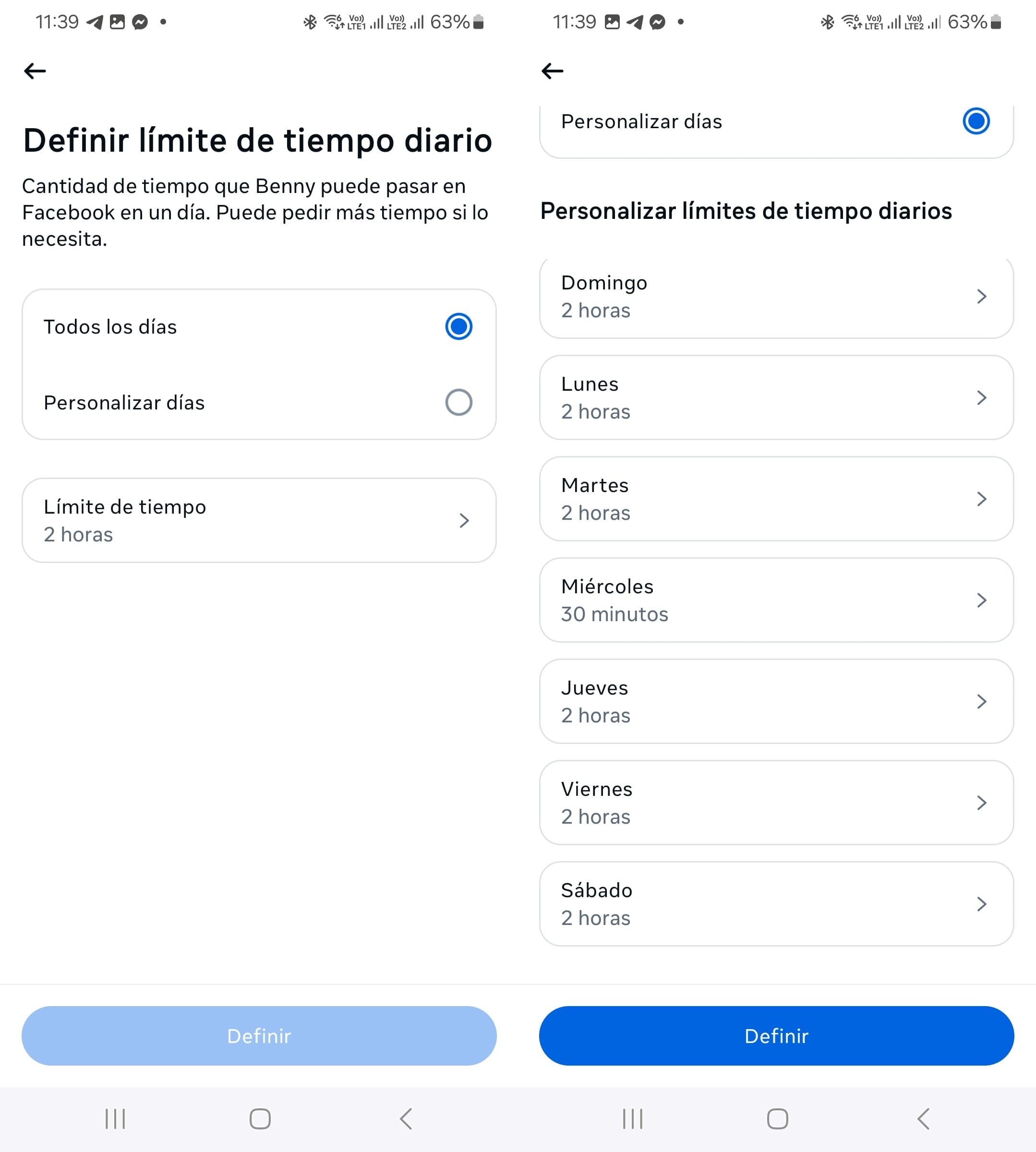 Establecer y personalizar límites de tiempo diarios en Facebook dentro de la función de supervisión