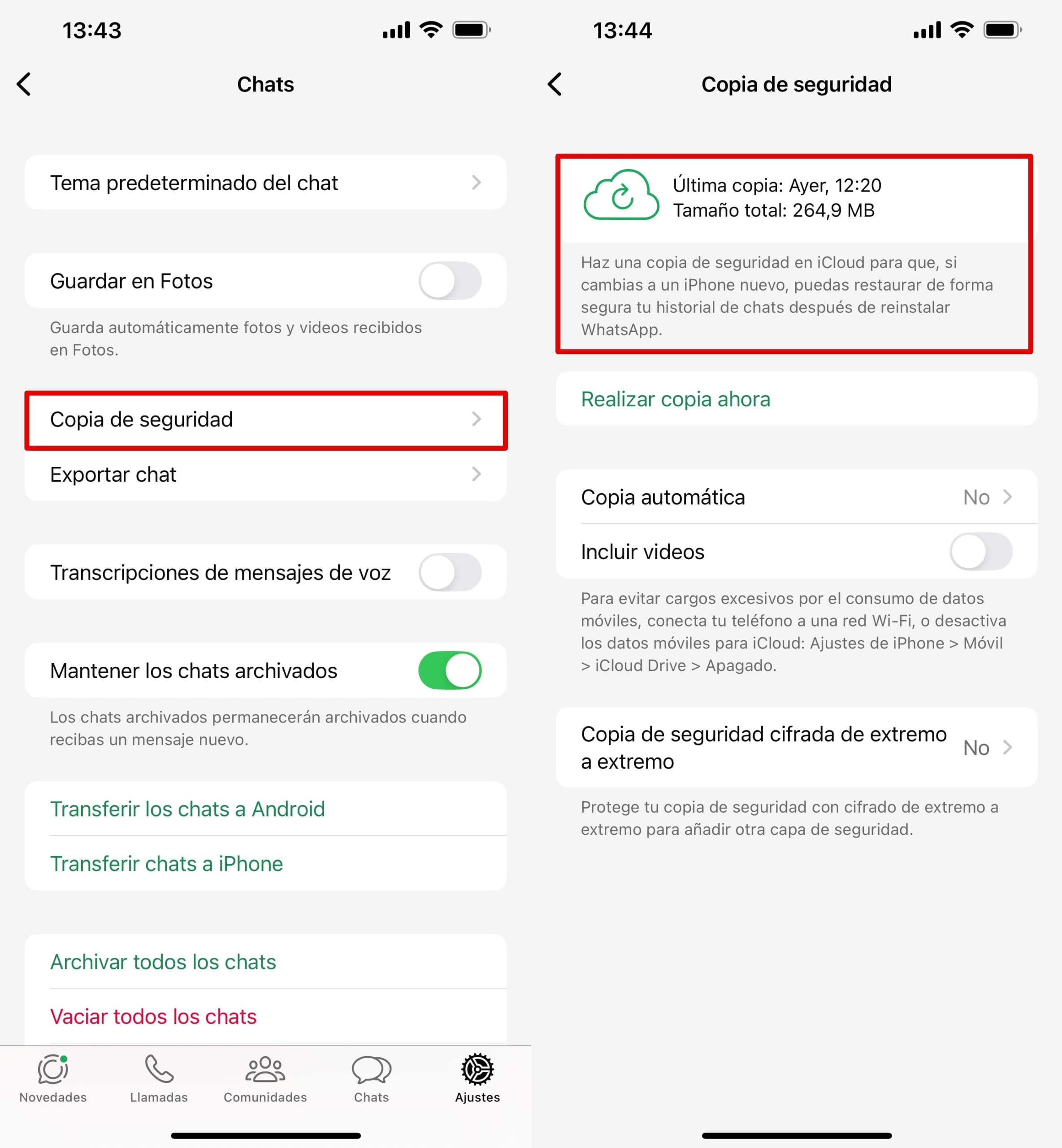 En los ajustes del chat, ve a Copia de seguridad del chat.