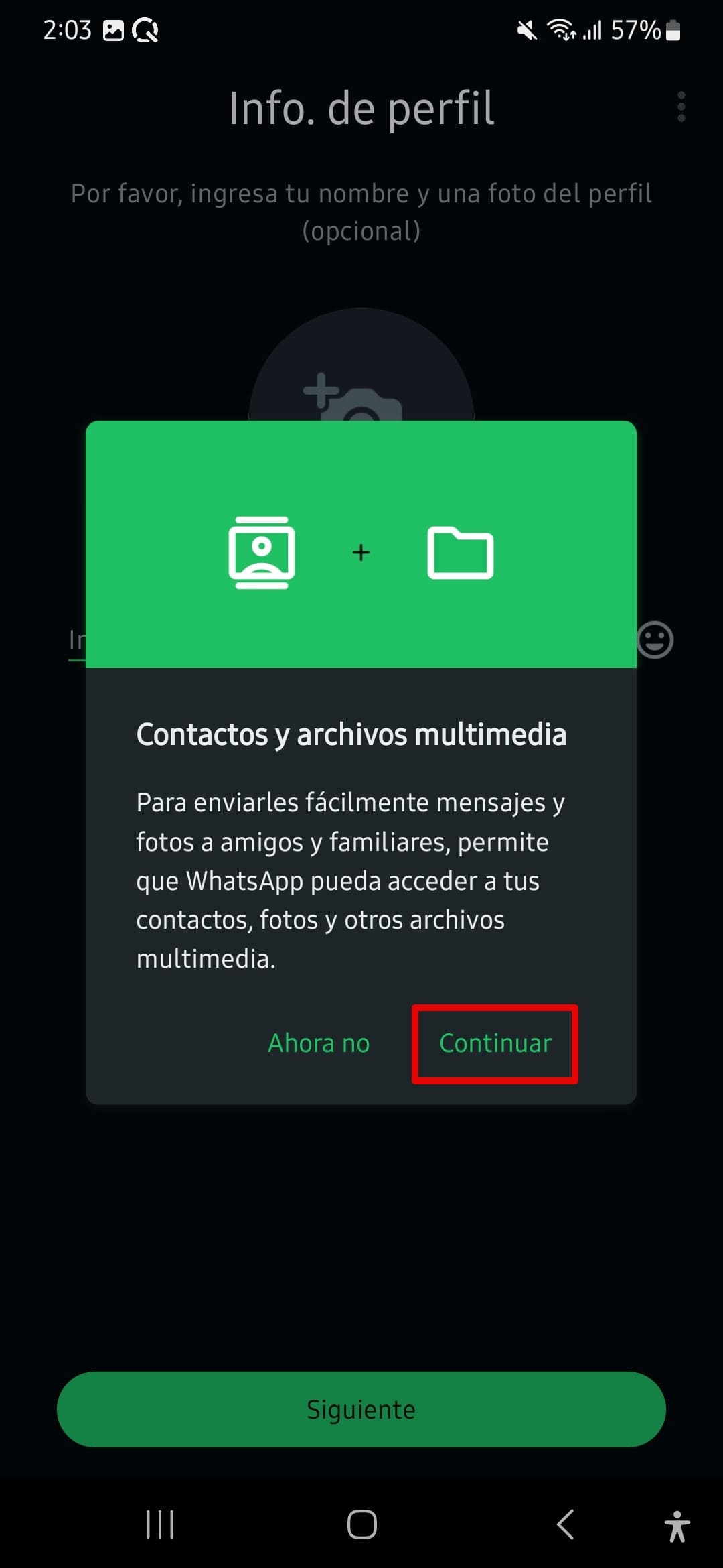 Dar permiso a WhatsApp para acceder a contactos, fotos y otros medios.
