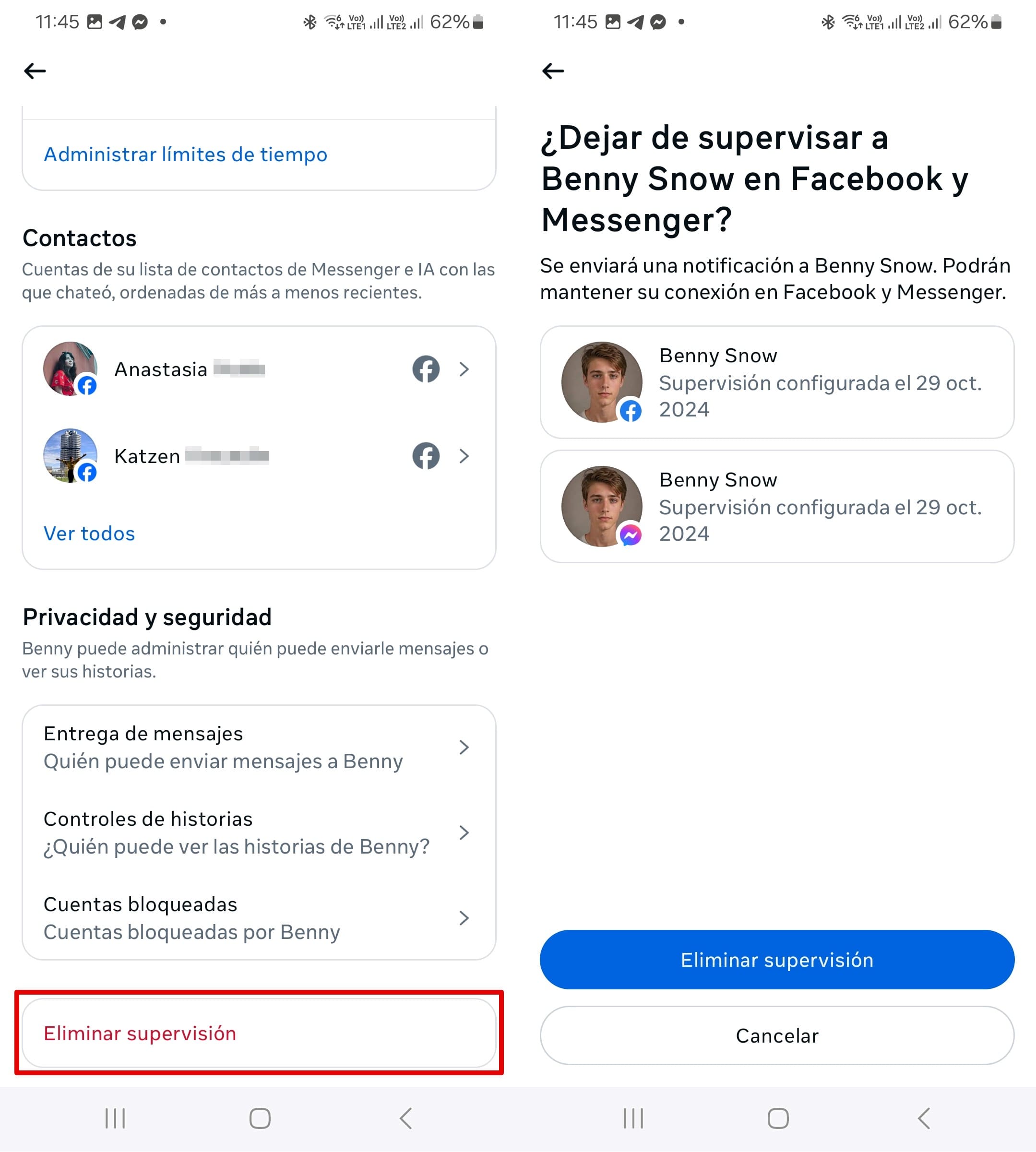 La opción «Eliminar supervisión» en Facebook y Messenger.