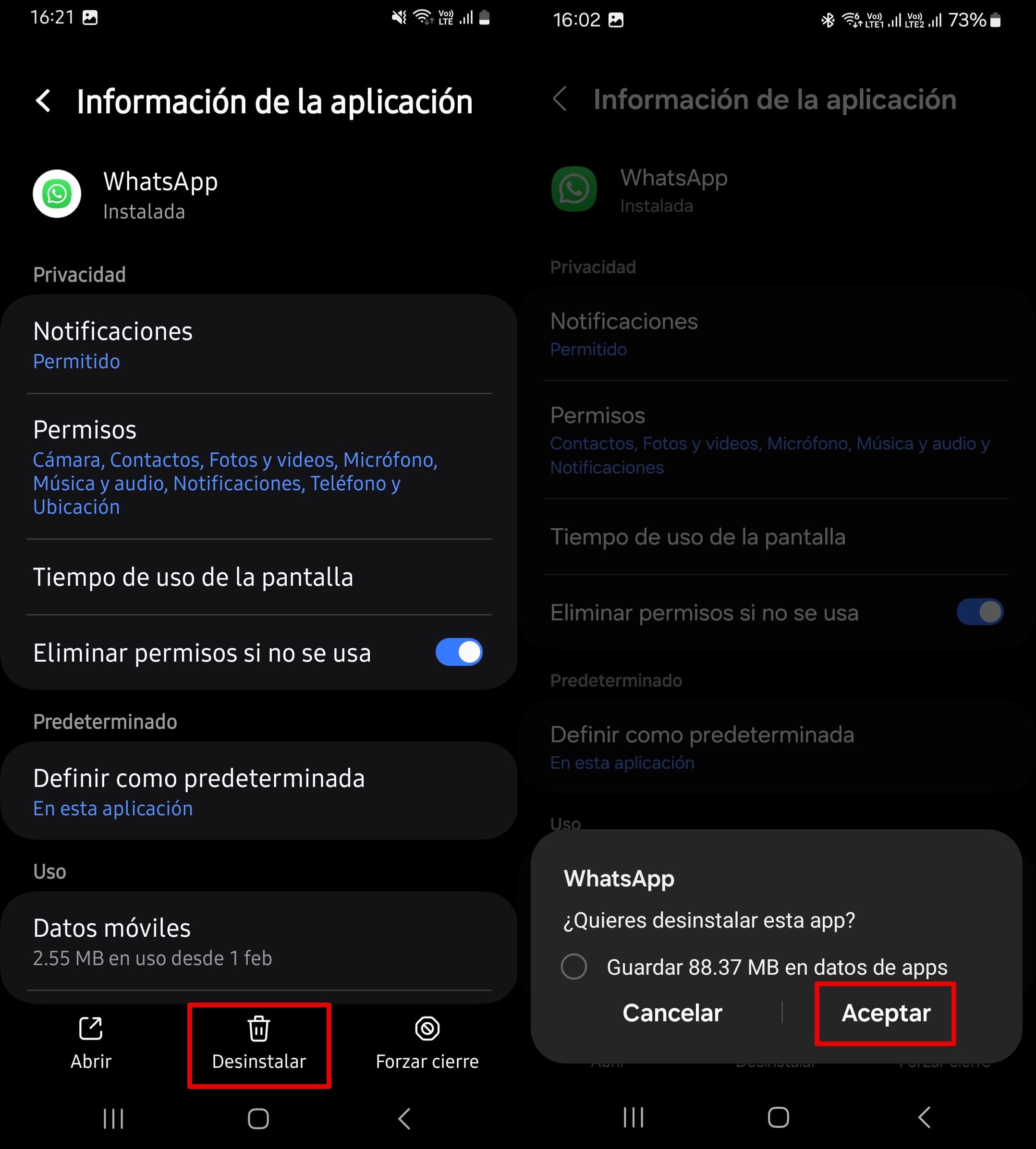 Haz clic en Desinstalar en la parte inferior de la página y confirma con Aceptar.