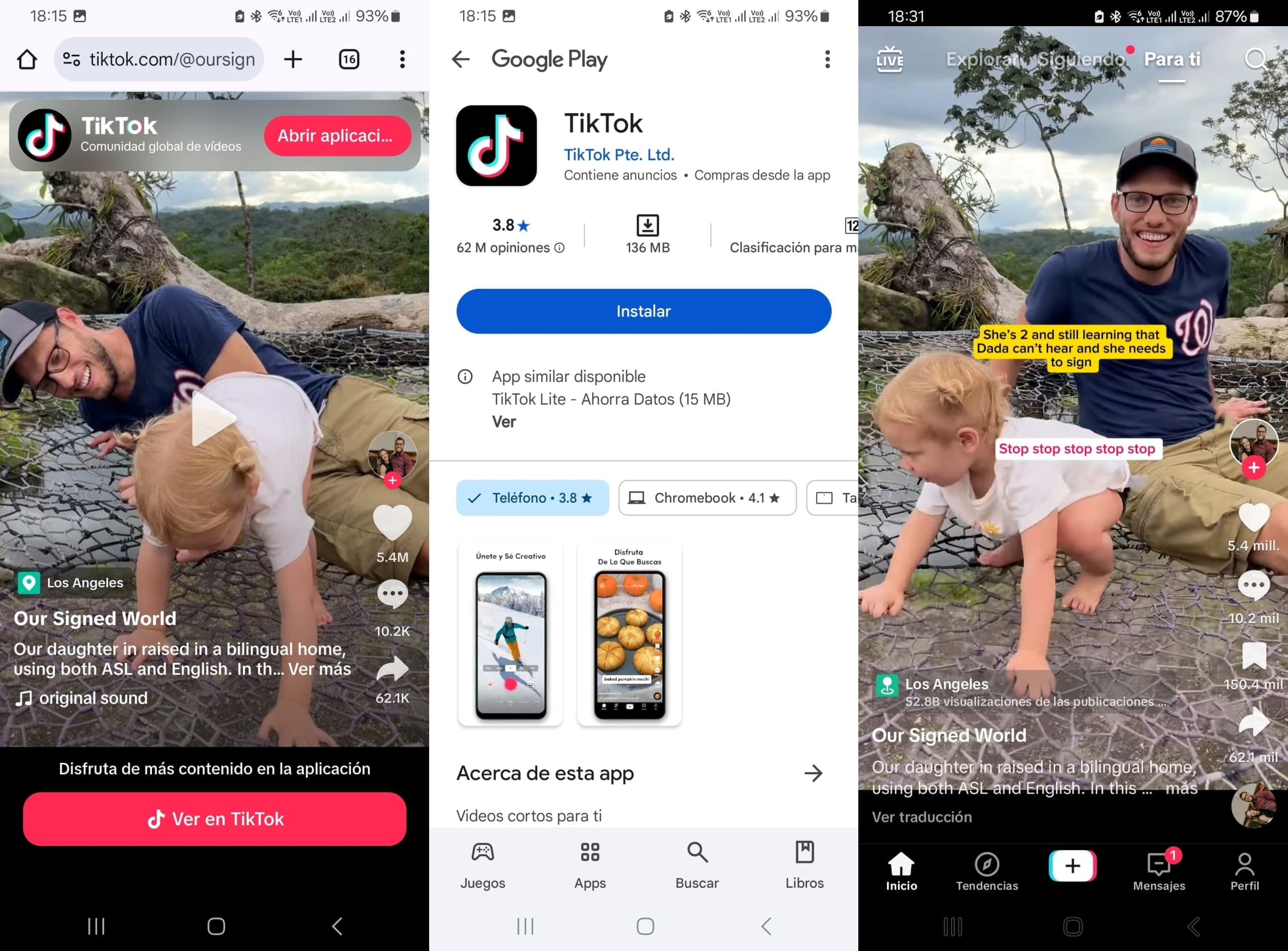 Abrir TikTok enlace conduce a Google Play para descargar la aplicación.