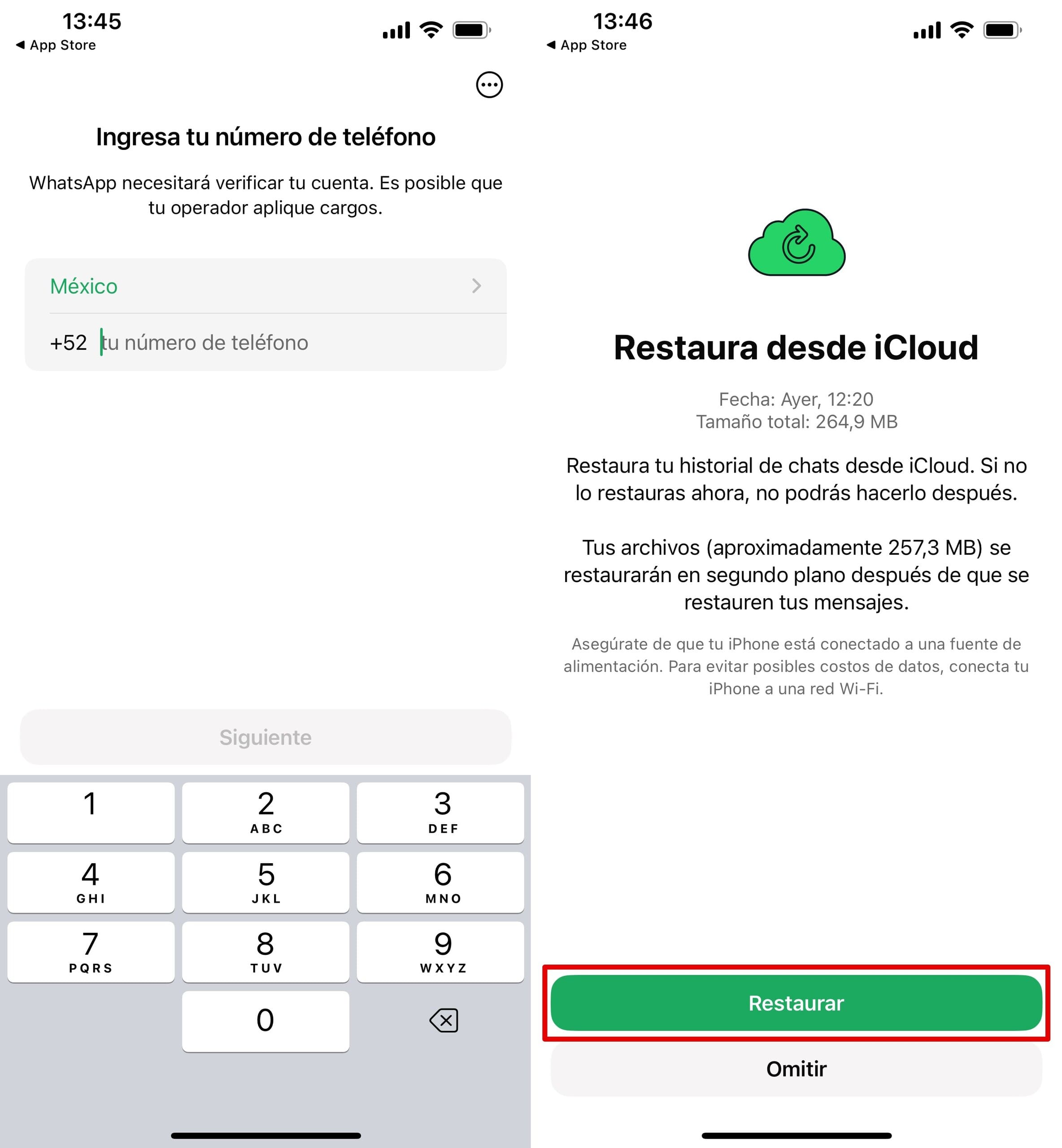 Entra en la app de WhatsApp introduciendo tu número y restaura la copia de seguridad.