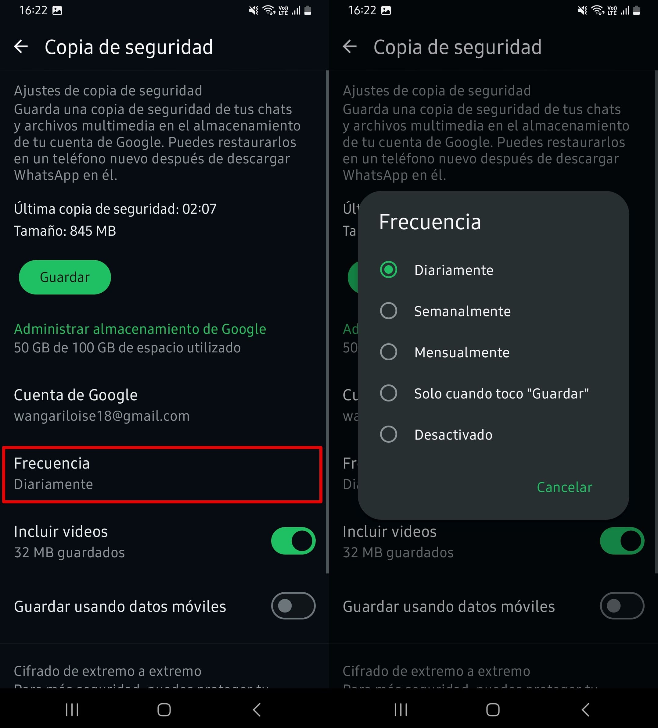 Selecciona la frecuencia de la copia de seguridad del chat.