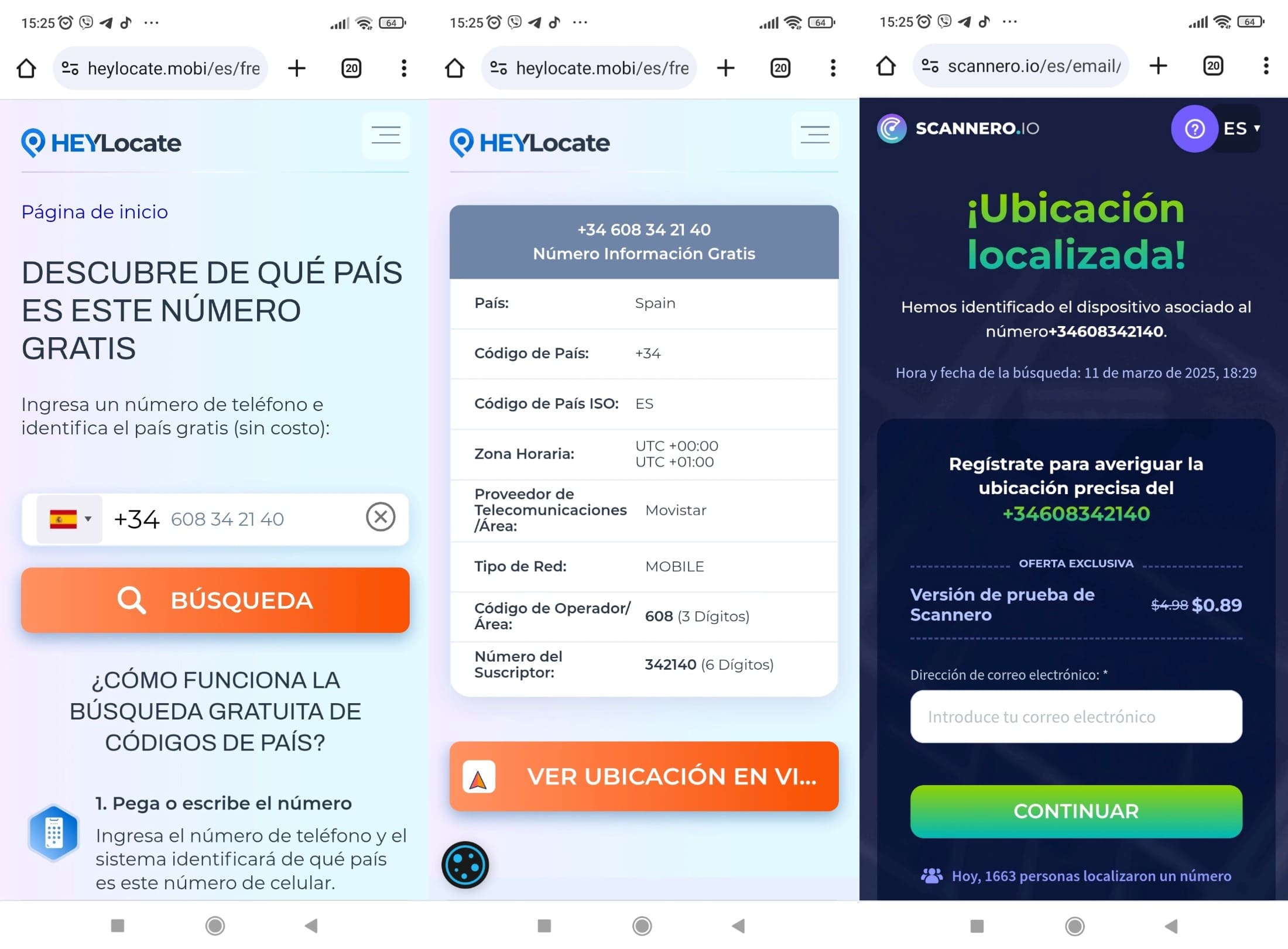 Servicio gratuito de código de país HeyLocate: ingresa el número de teléfono para obtener información del número y usa Scannero para ver la ubicación en tiempo real.