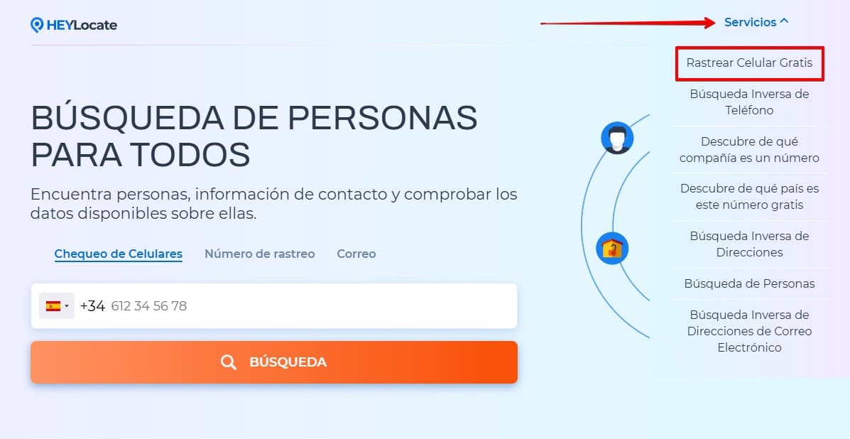 Campo de búsqueda de número de teléfono en la página principal y un menú desplegable de Servicios con opciones para búsqueda de teléfono, rastreo de número y búsqueda de dirección.