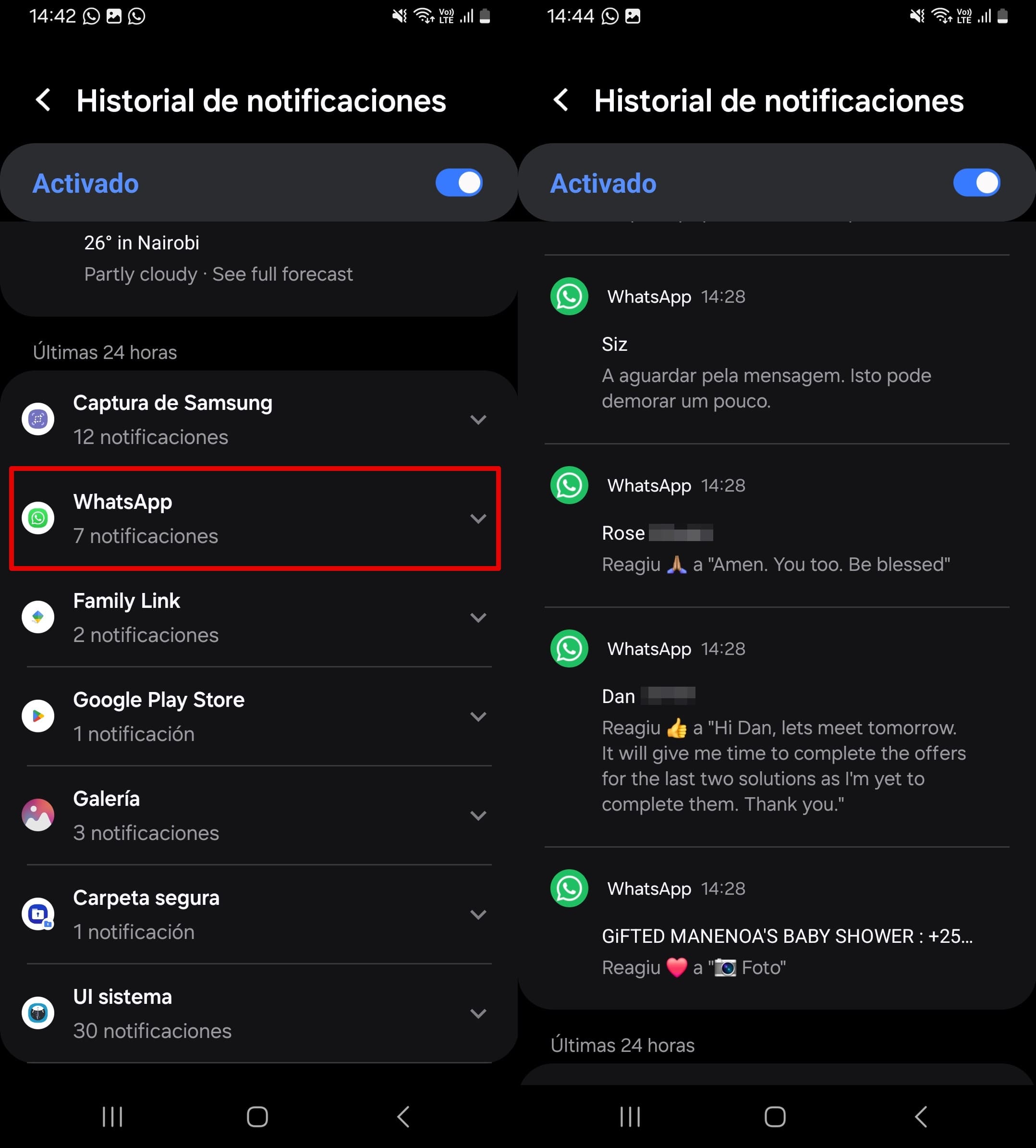 Pulsa WhatsApp para ver vistas previas de los mensajes recibidos en el historial de notificaciones.