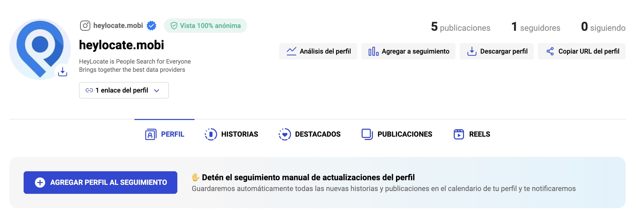 Bio resultados tras una búsqueda de nombre de usuario de Instagram en Inflact.