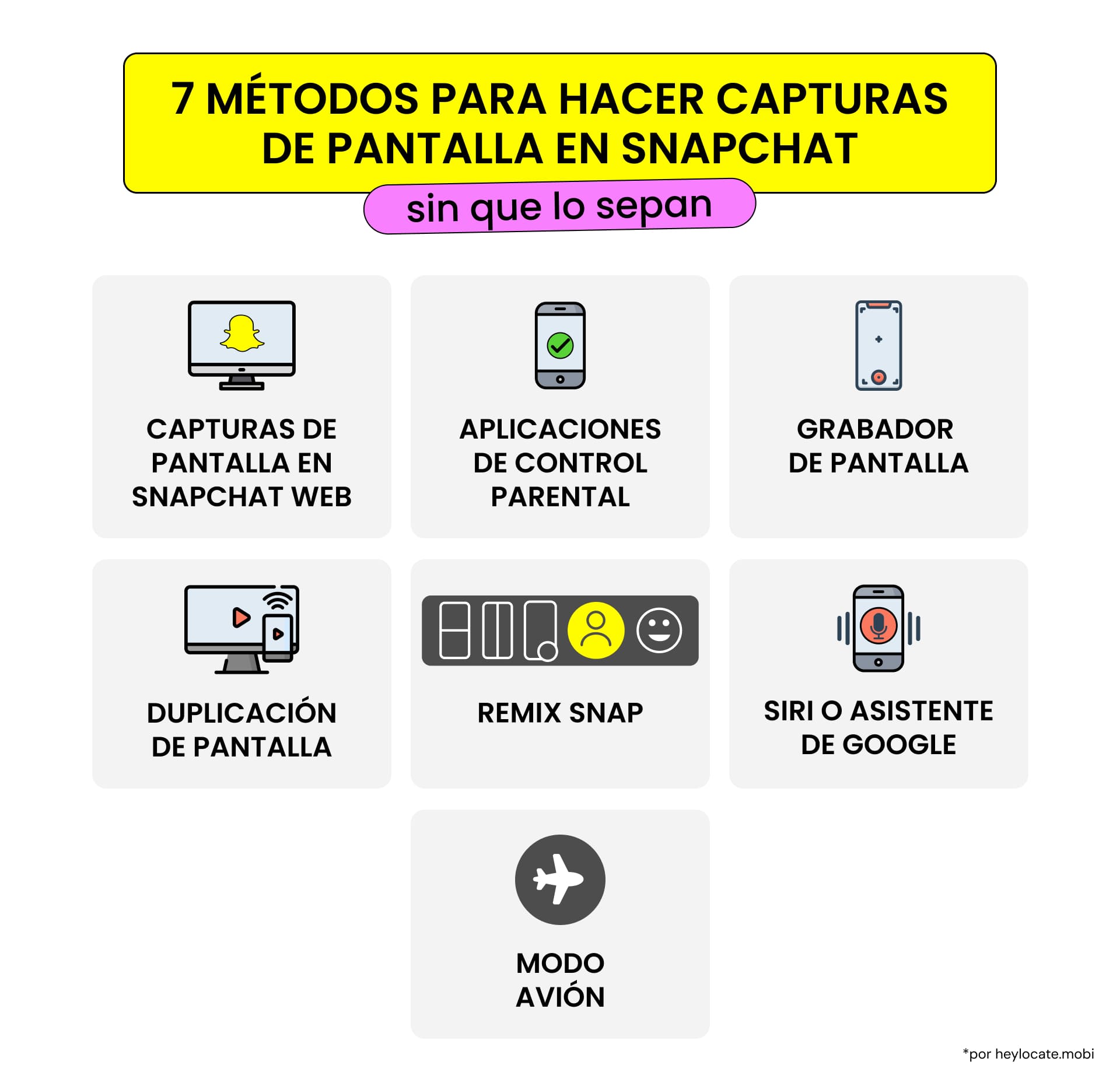 Métodos para hacer una captura de pantalla en Snapchat: apps de control parental, grabador de pantalla, screen mirroring, Snapchat Web, Remix Snap, Siri o Google Assistant y modo avión.