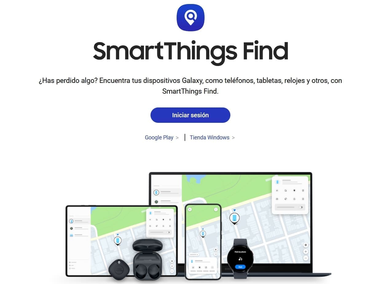 Iniciar sesión en SmartThings Find e imagen de los dispositivos que puede encontrar.