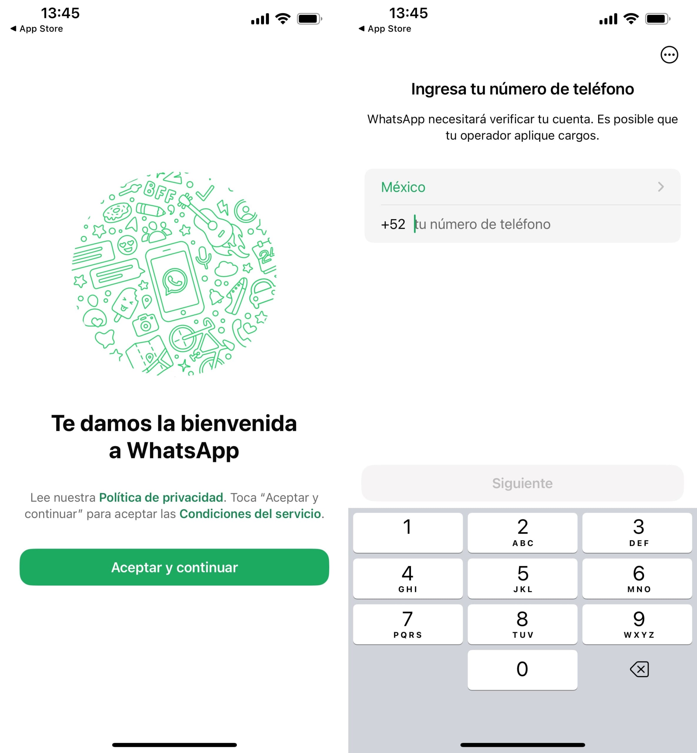 Aceptar las condiciones de WhatsApp, introducir el número de teléfono.