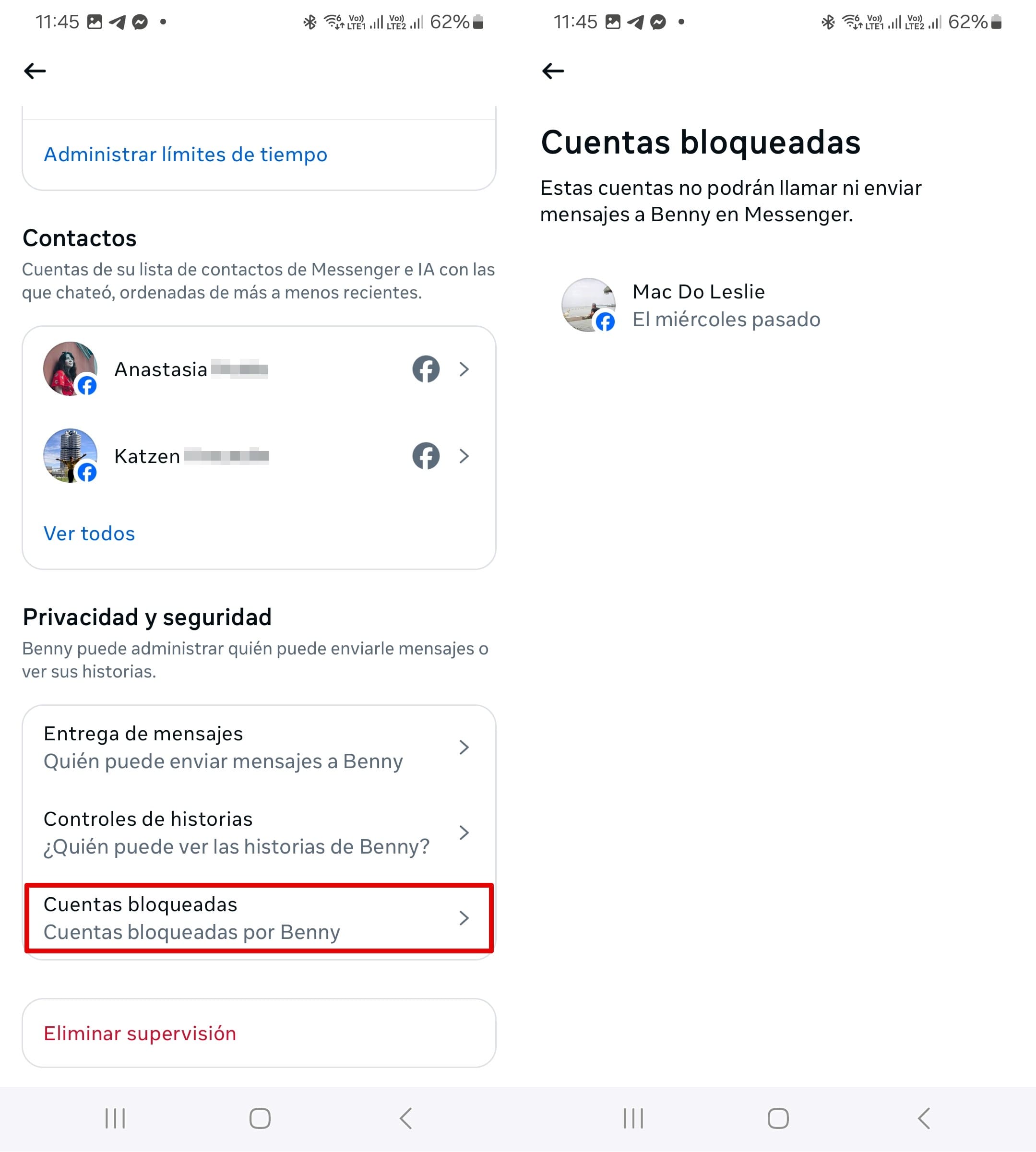 Lista de cuentas bloqueadas en el Messenger de un niño visible dentro de la función de Supervisión para los padres.