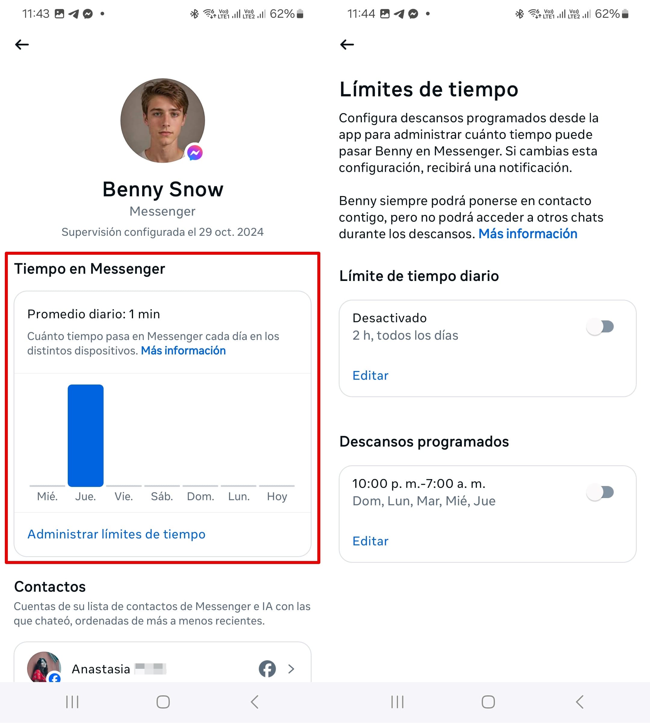 Control y límites de tiempo en Messenger en la función Supervisión de la aplicación Messenger.