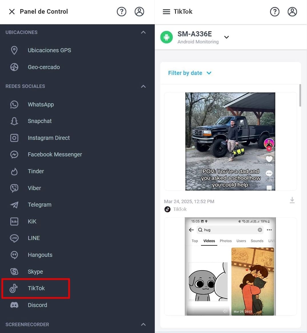 En la web de mspy, ve a tiktok o a la pestaña de capturas de pantalla y verás las capturas de pantalla de tiktok.