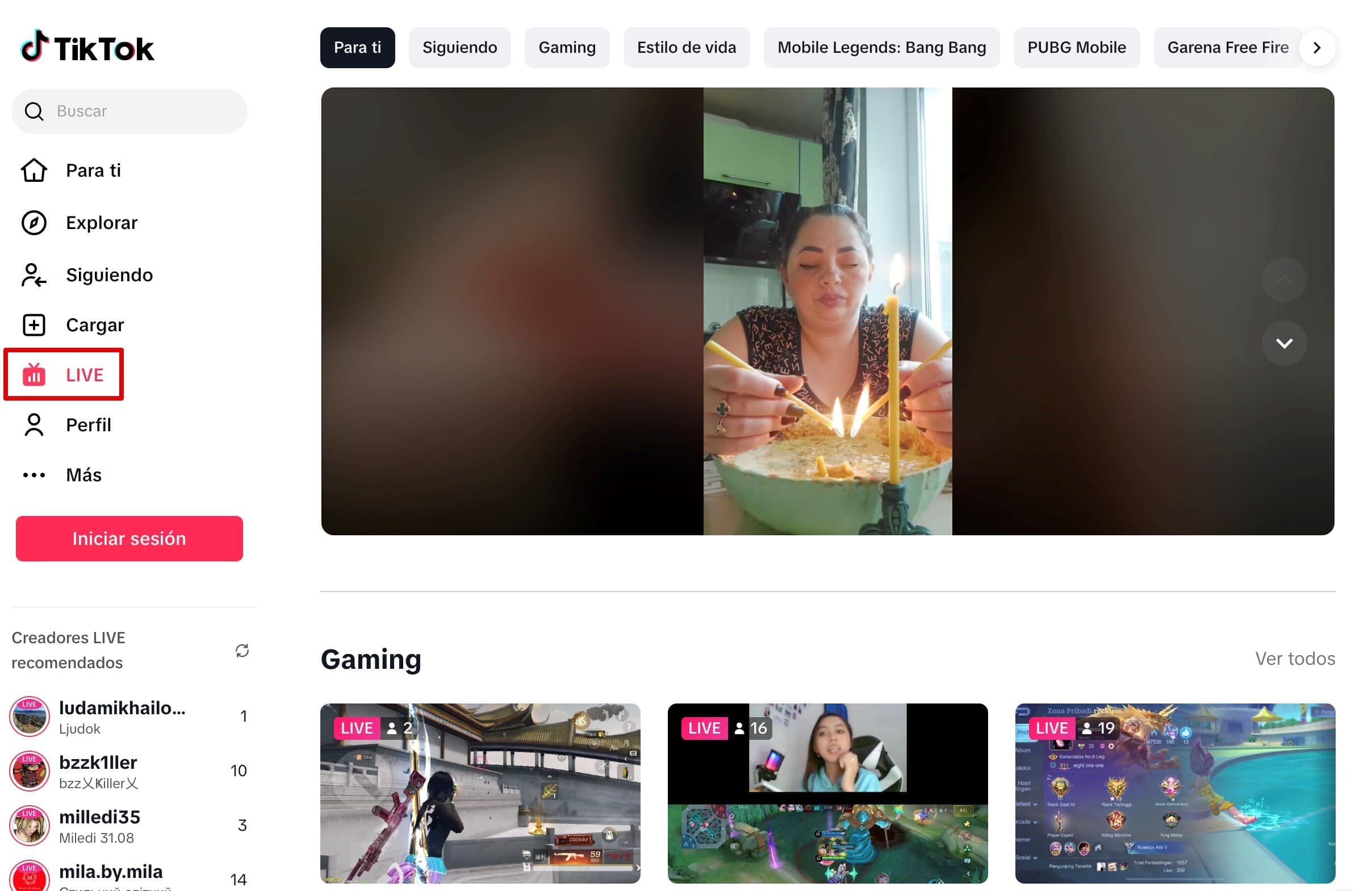 Haz clic en Live para empezar a ver retransmisiones sin tu cuenta de TikTok.