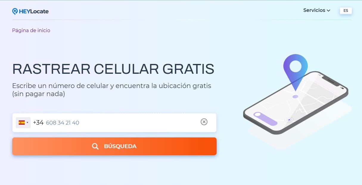 Página del rastreador de números de teléfono gratuito de HeyLocate, que muestra una barra de búsqueda para ingresar un número de teléfono y encontrar su ubicación.