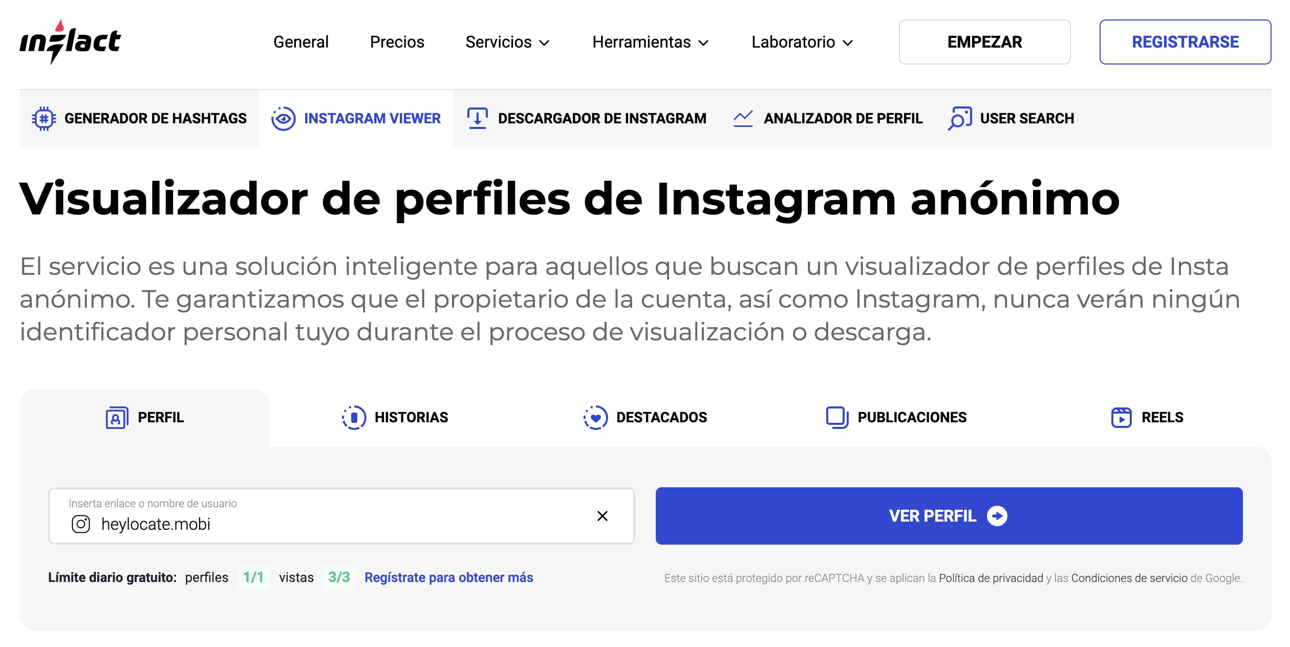 Alt: Introduce el nombre de usuario de Instagram en el buscador de Inflact.