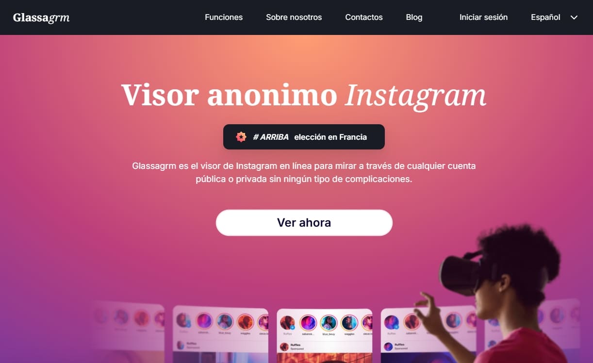 Vista de la página de inicio de Glassagram con el botón Ver ahora