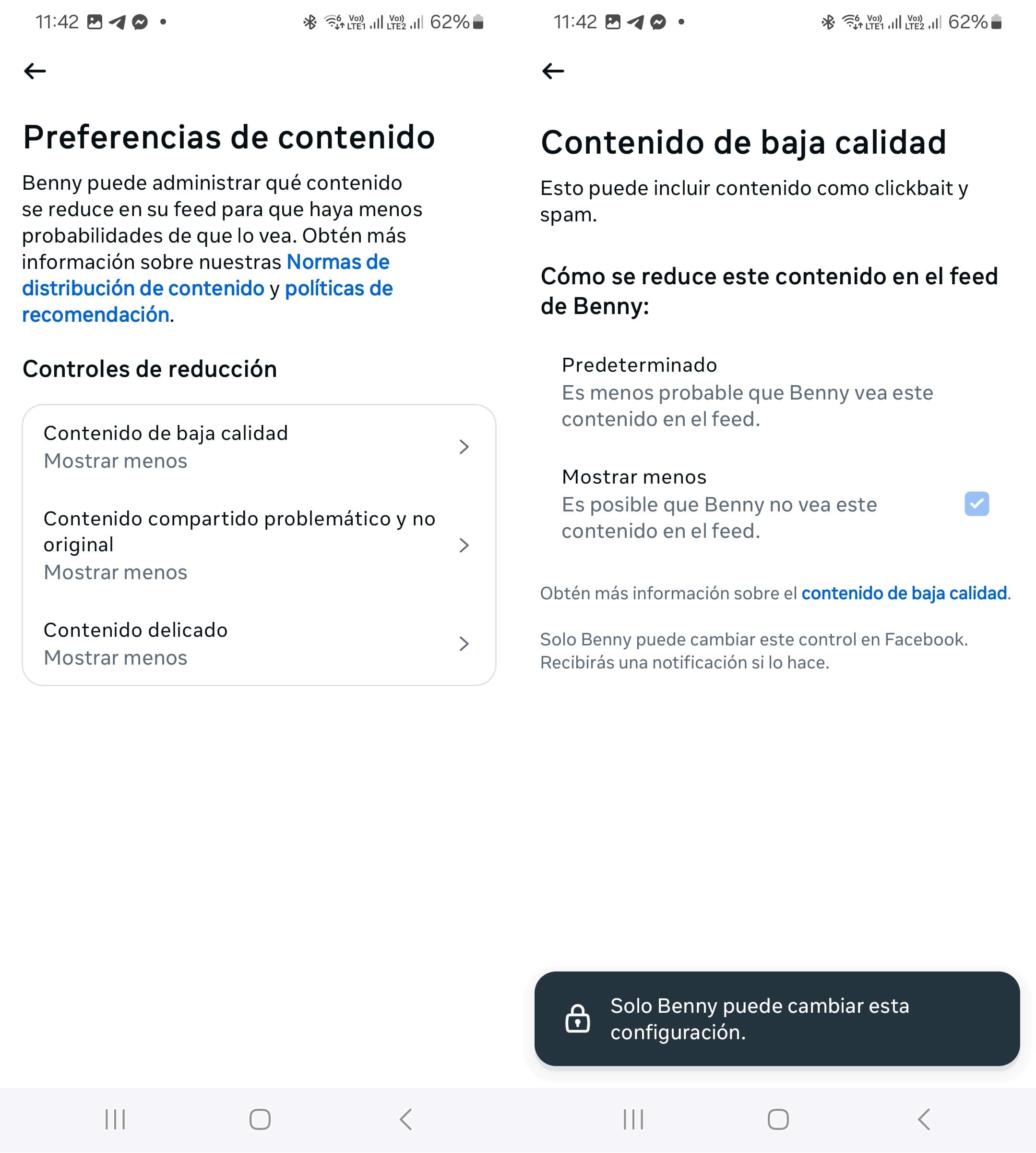 Preferencias de contenido de un menor en Facebook visibles dentro de la función Supervisión en la cuenta de los padres.