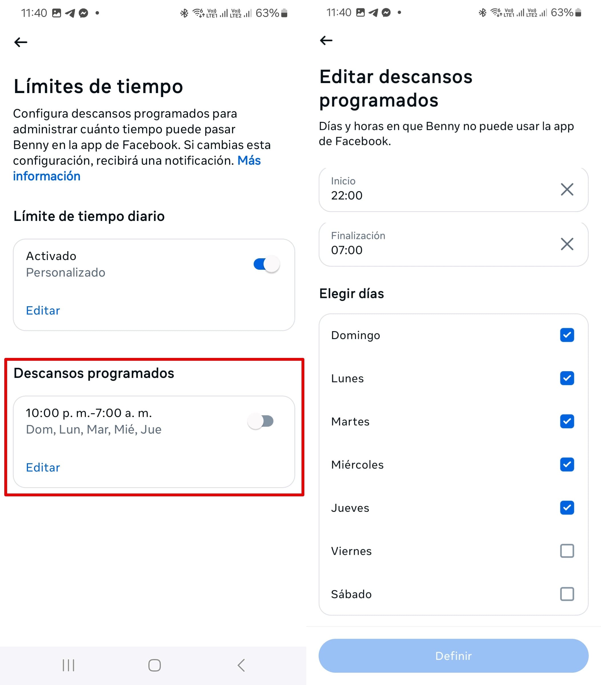 La función de descansos programadas con la opción de editar las horas y los días en los que no puede utilizar Facebook.