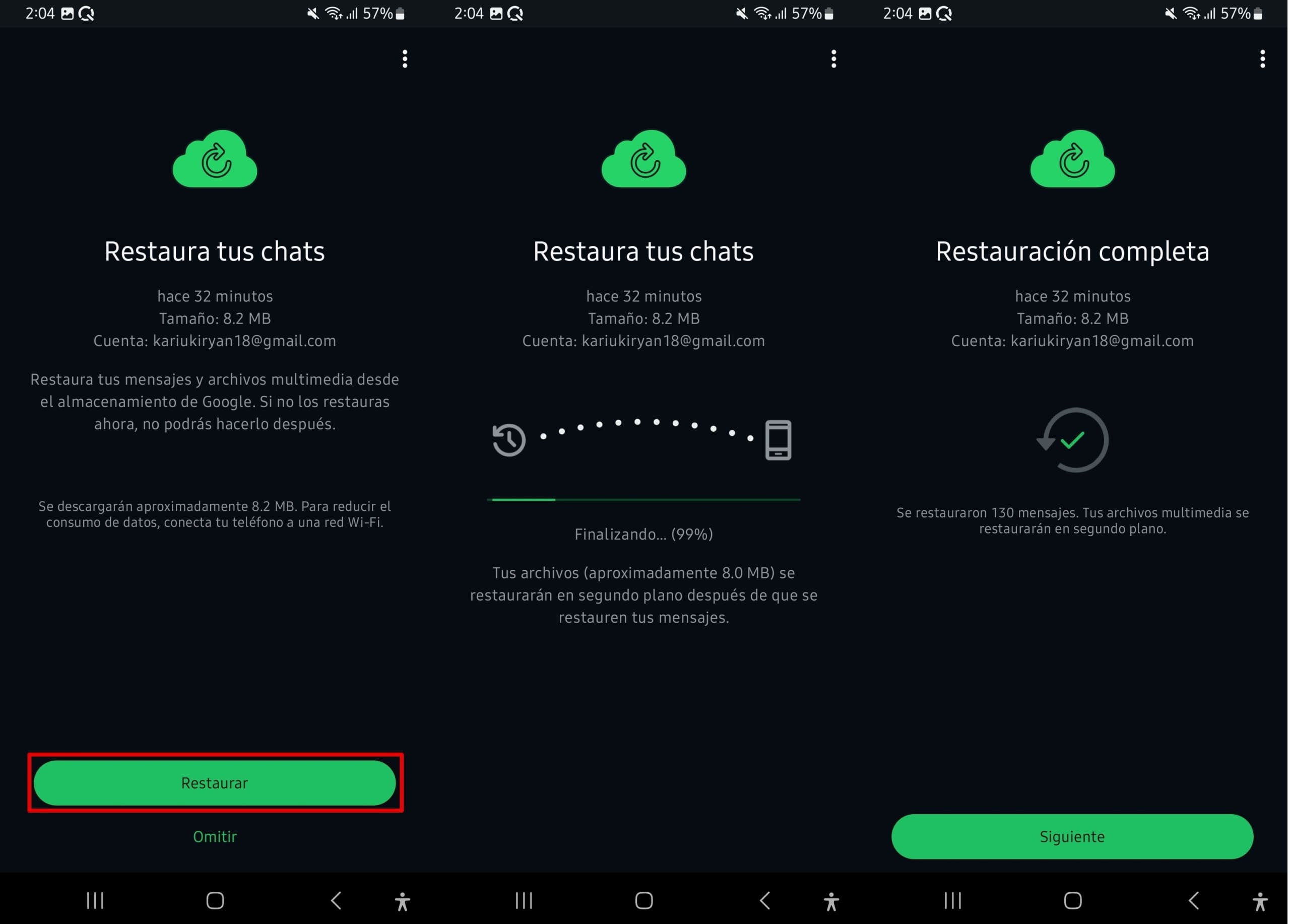 restaurar los chats de WhatsApp de la pantalla de restauración.