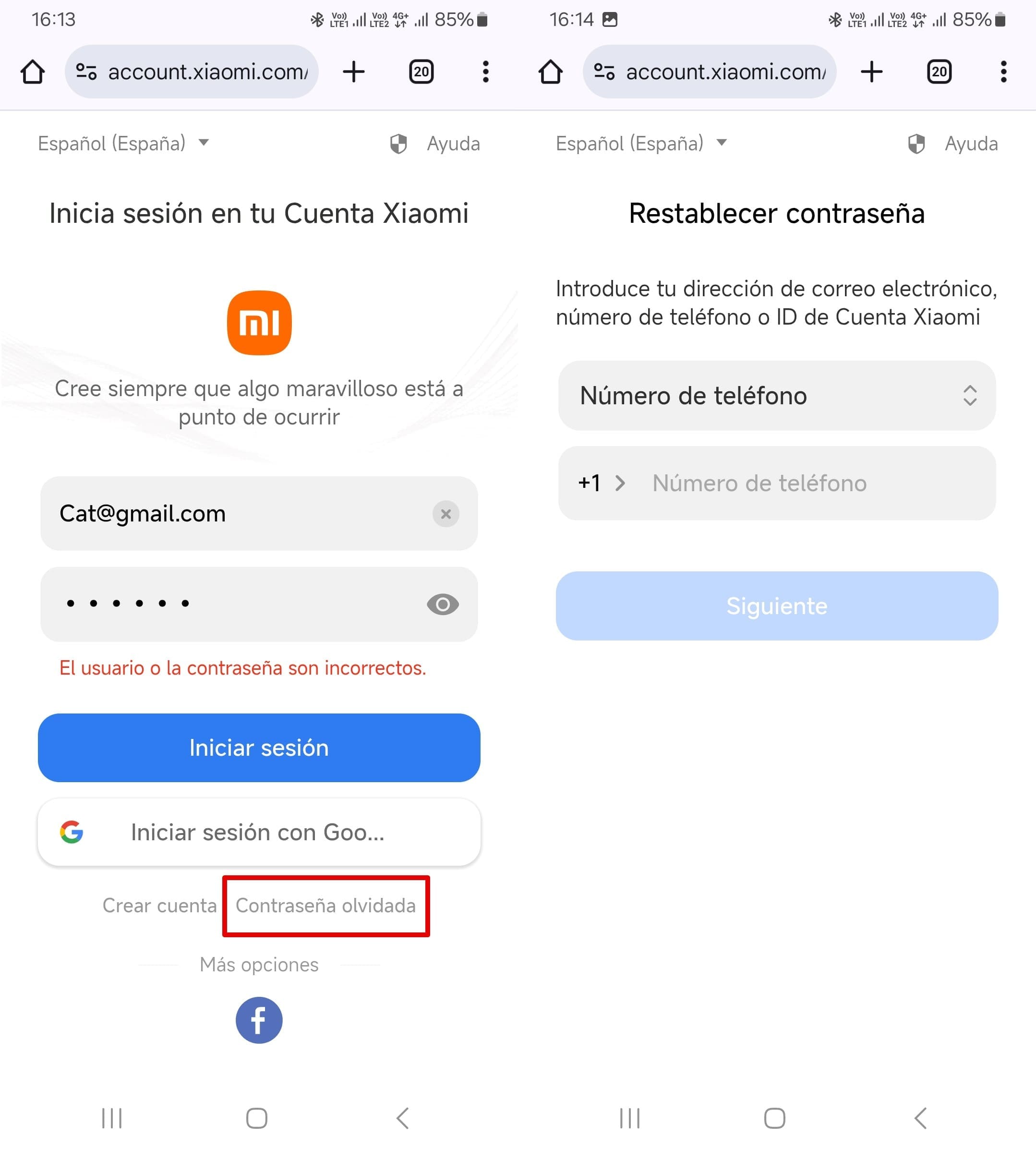 Si has olvidado tu contraseña, recupérala utilizando tu número de teléfono o dirección de correo electrónico.
