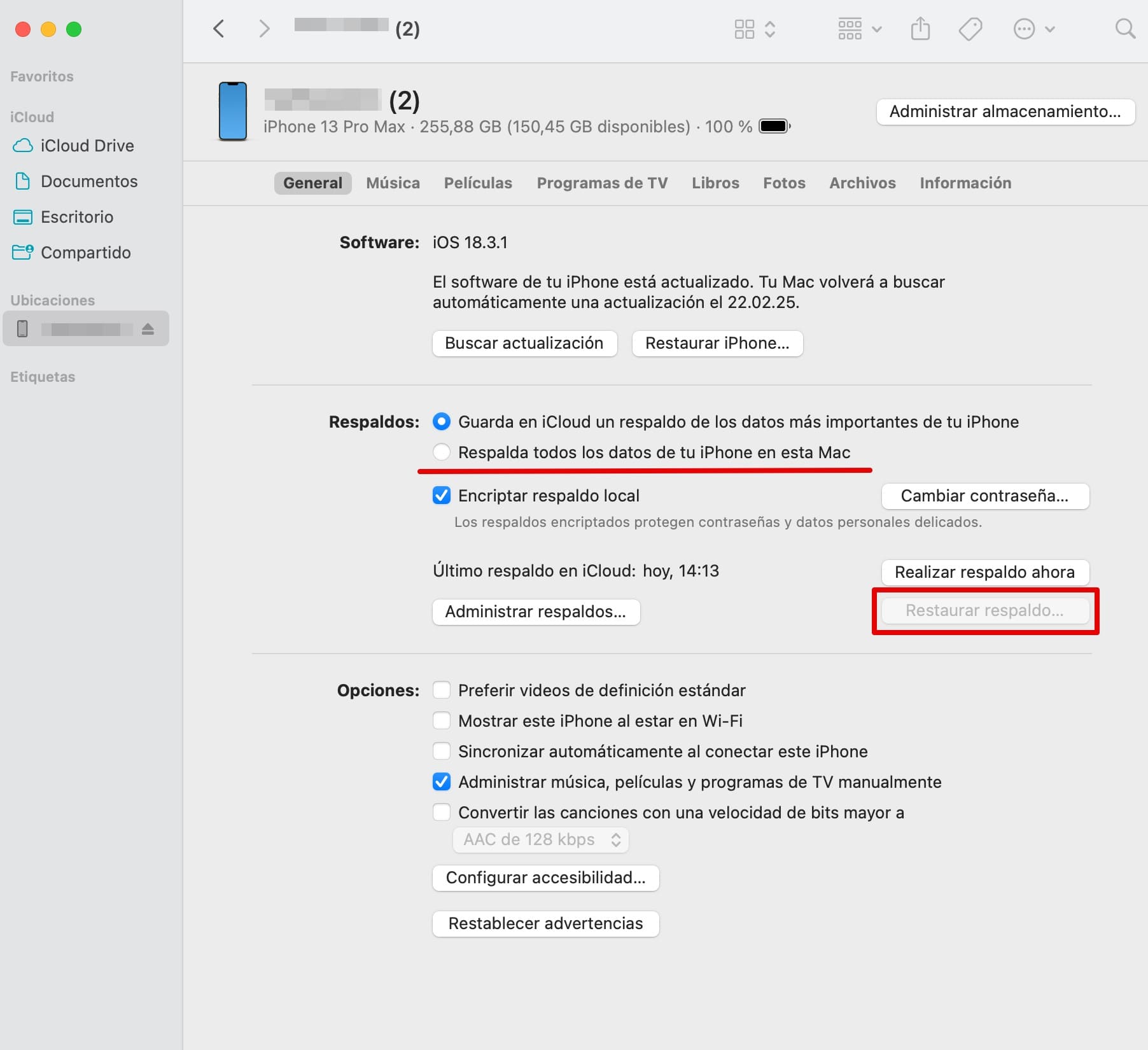 Abrir el teléfono en el finder y elegir restaurar copia de seguridad.