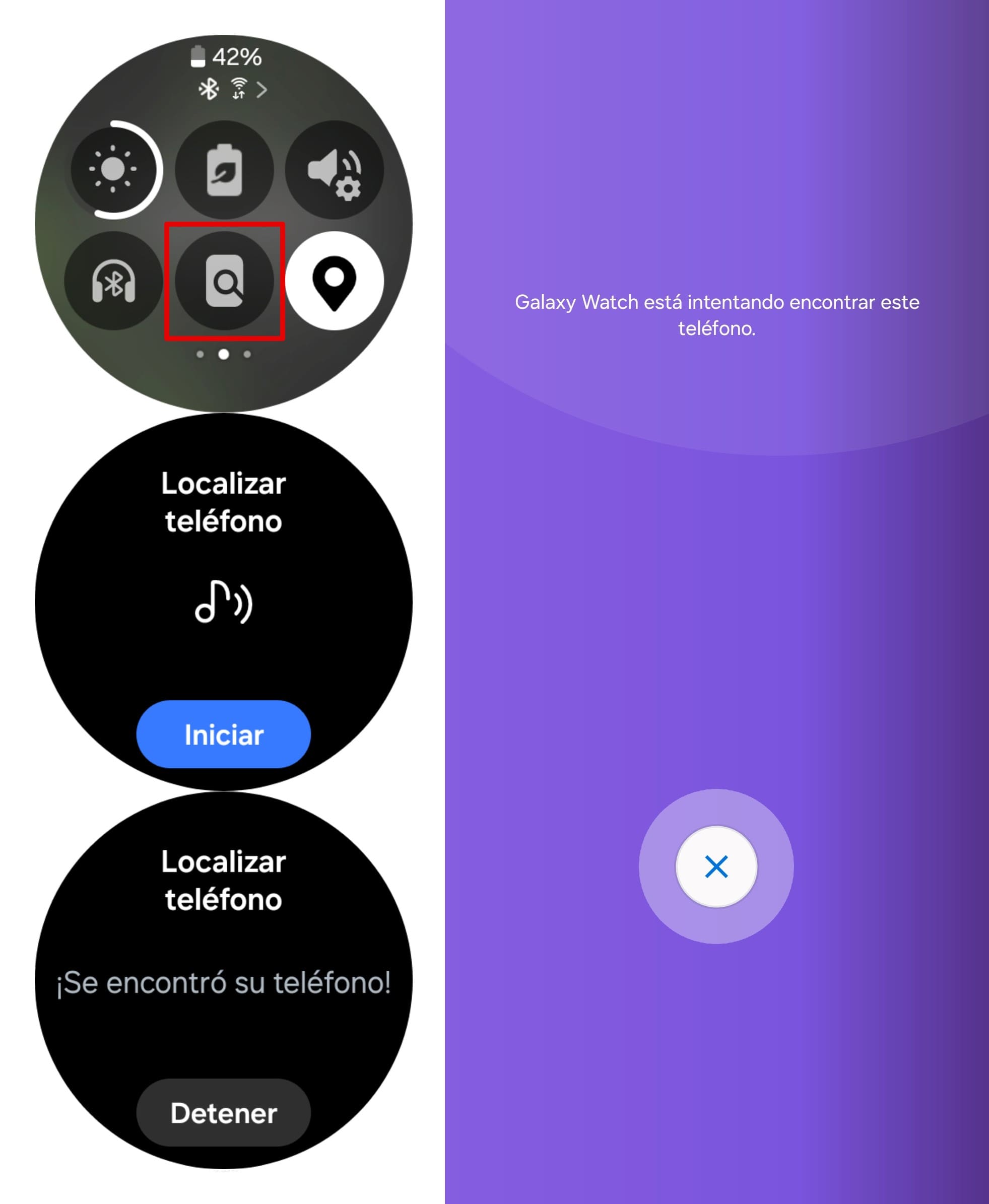 En el reloj, abre la cortina de menú y seleccione el icono localizar teléfono.