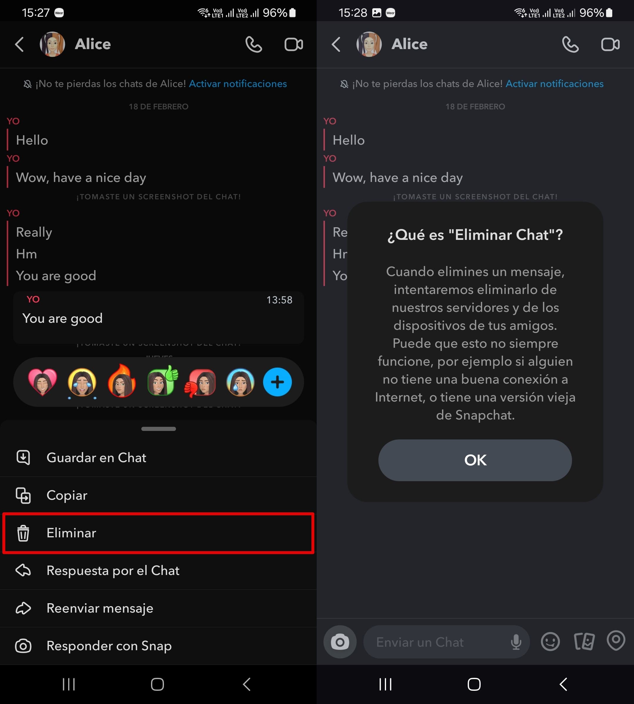Snapchat advierte de que no todos los chats eliminados pueden borrarse de la cuenta del otro usuario.