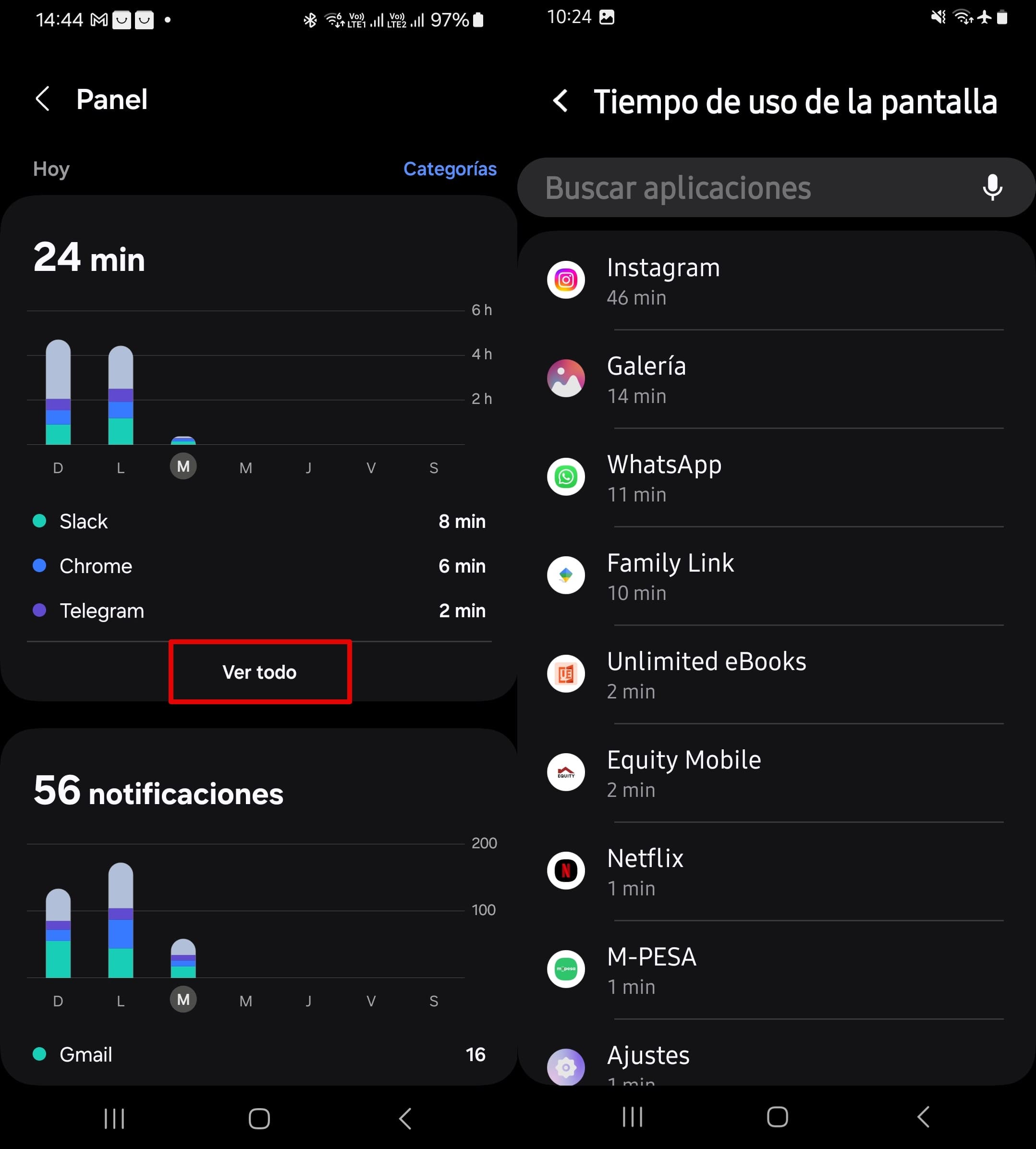 Ver el tiempo total de pantalla para
