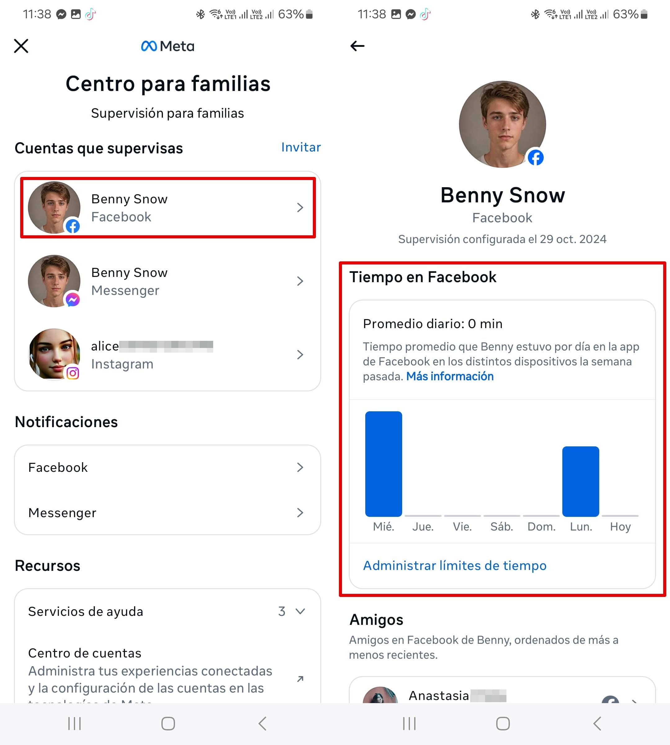 Centro Familiar en Facebook con una función que muestra el tiempo medio diario dedicado a la aplicación.
