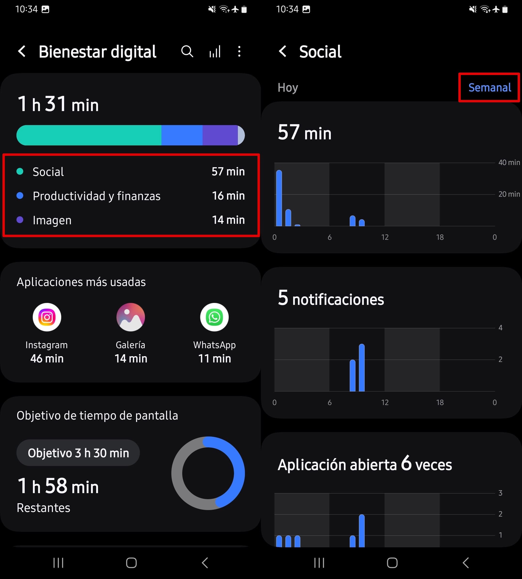Toca social para abrir su panel y ver el tiempo total de pantalla, las notificaciones y las aplicaciones abiertas.