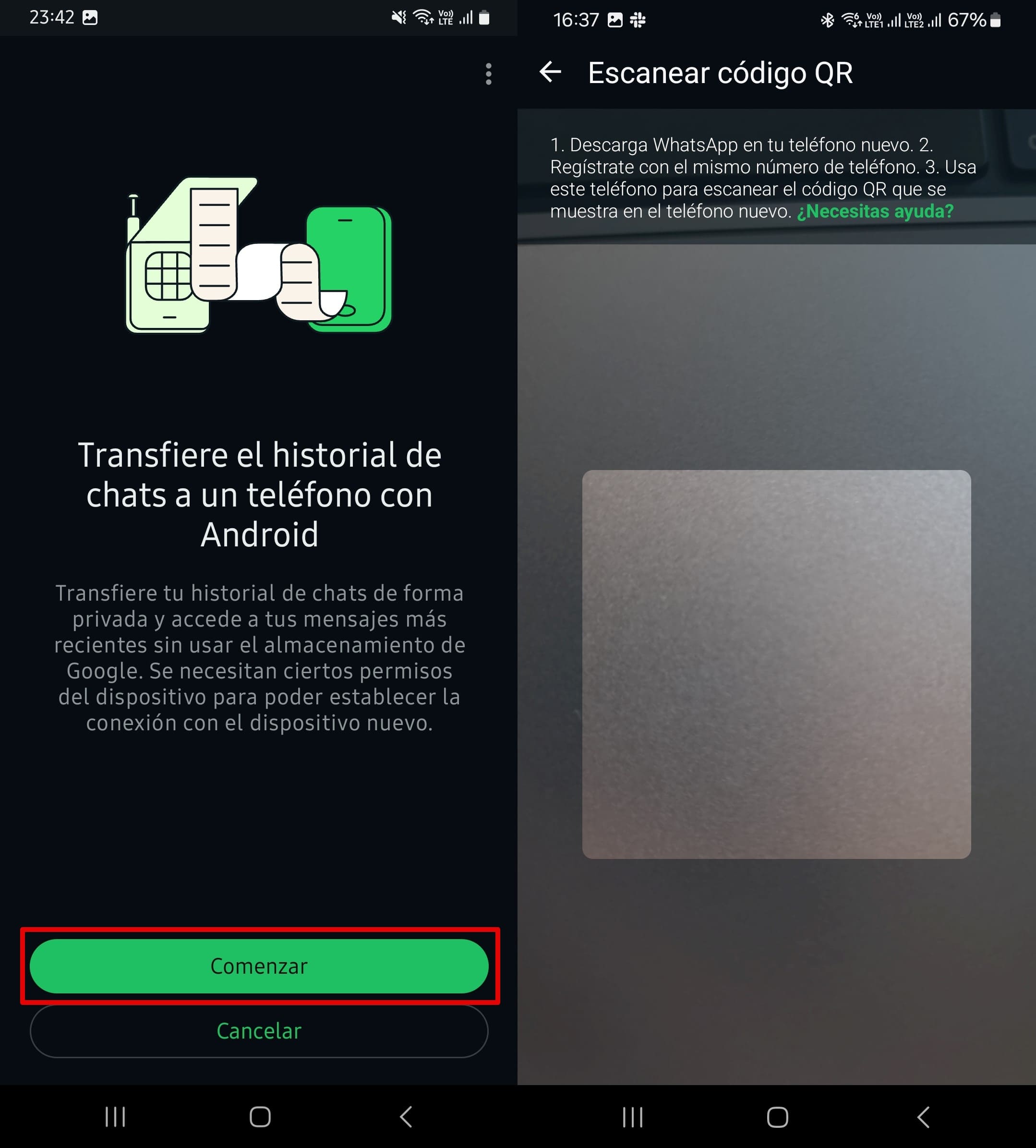 Toque en inicio, escanear el código QR en el nuevo teléfono para comenzar a transferir el historial de chat de WhatsApp.