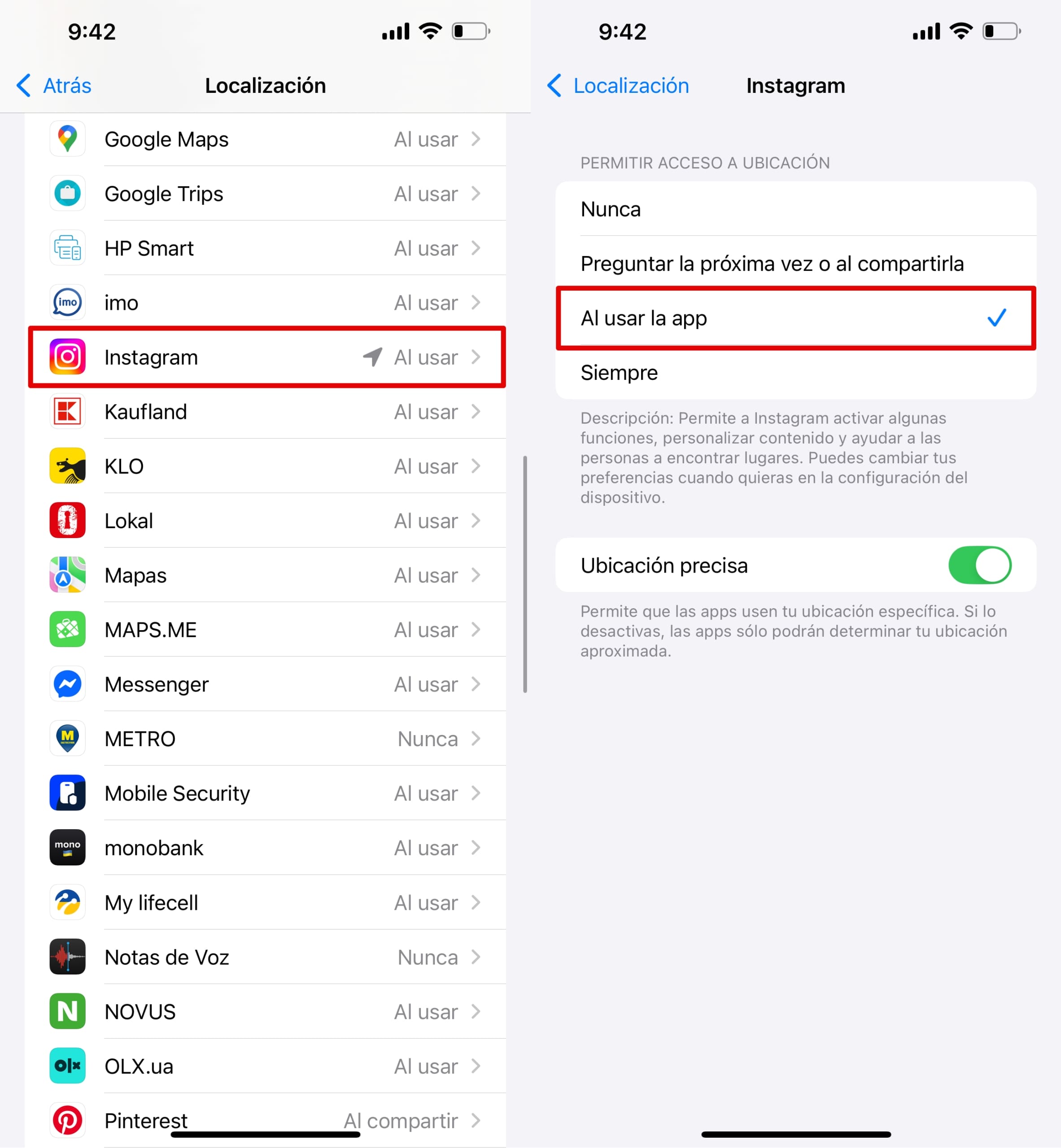 Pulsa en Instagram y selecciona Al usar la app.